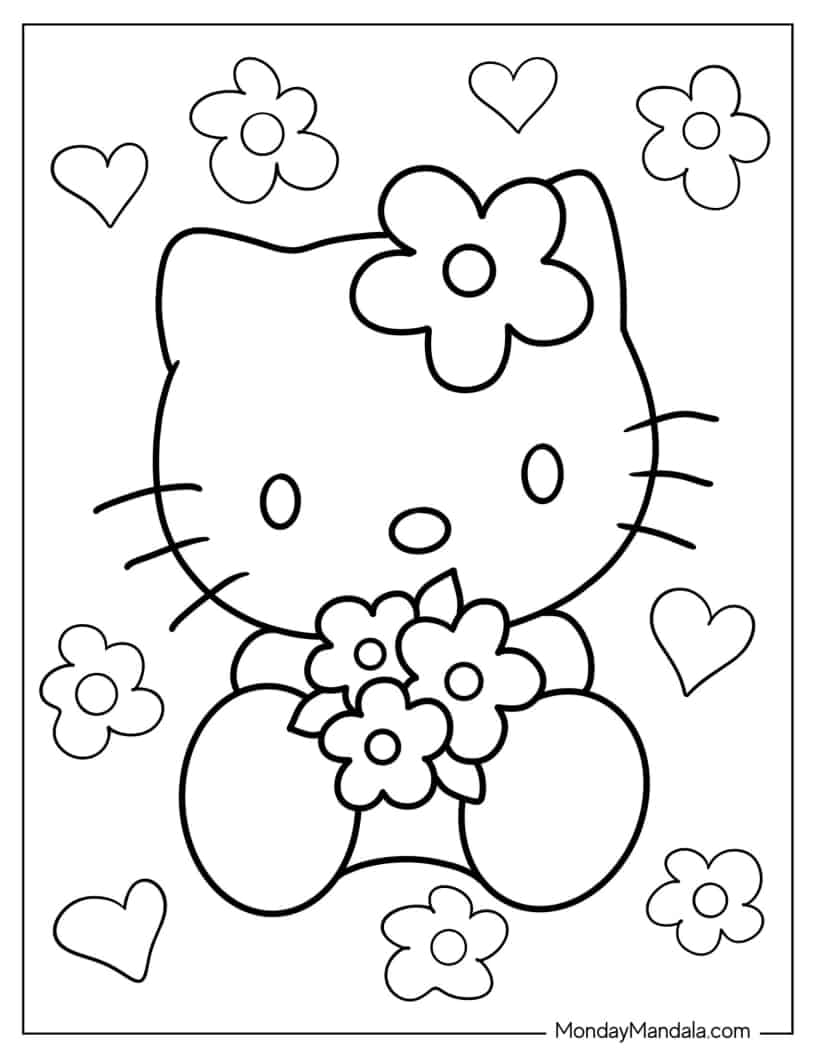 Outline Of Hello Kitty Holding Flowers coloring page — printable line art