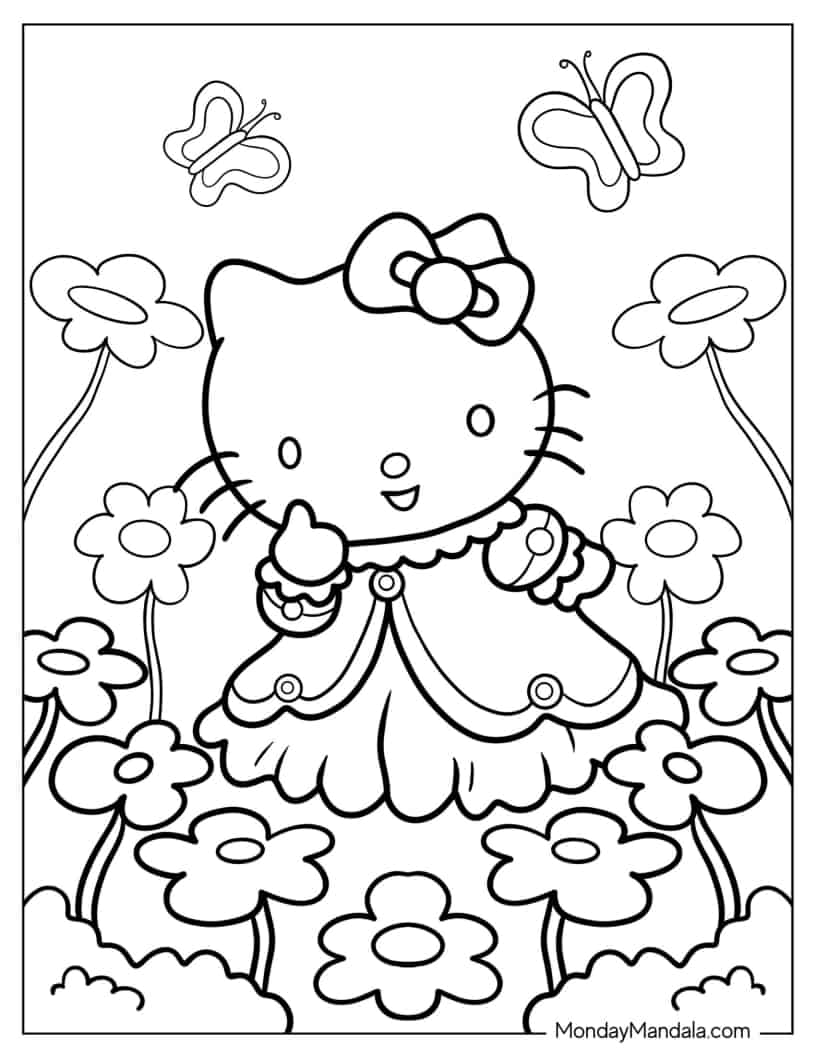 Princess Hello Kitty In Flower Field coloring page