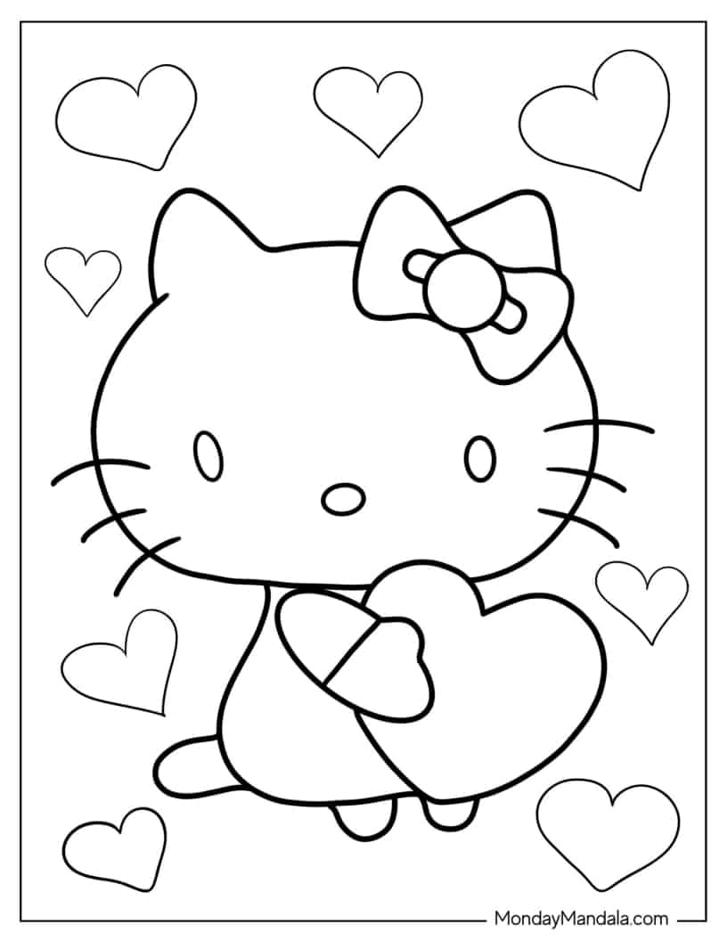 Simple Hello Kitty With Hearts Outline coloring page
