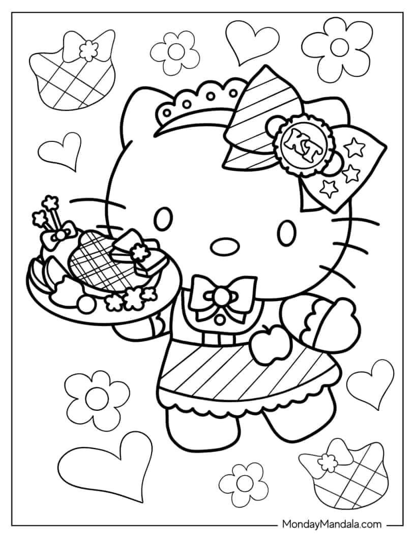 Waitress Hello Kitty Serving Cake Coloring Sheet coloring page