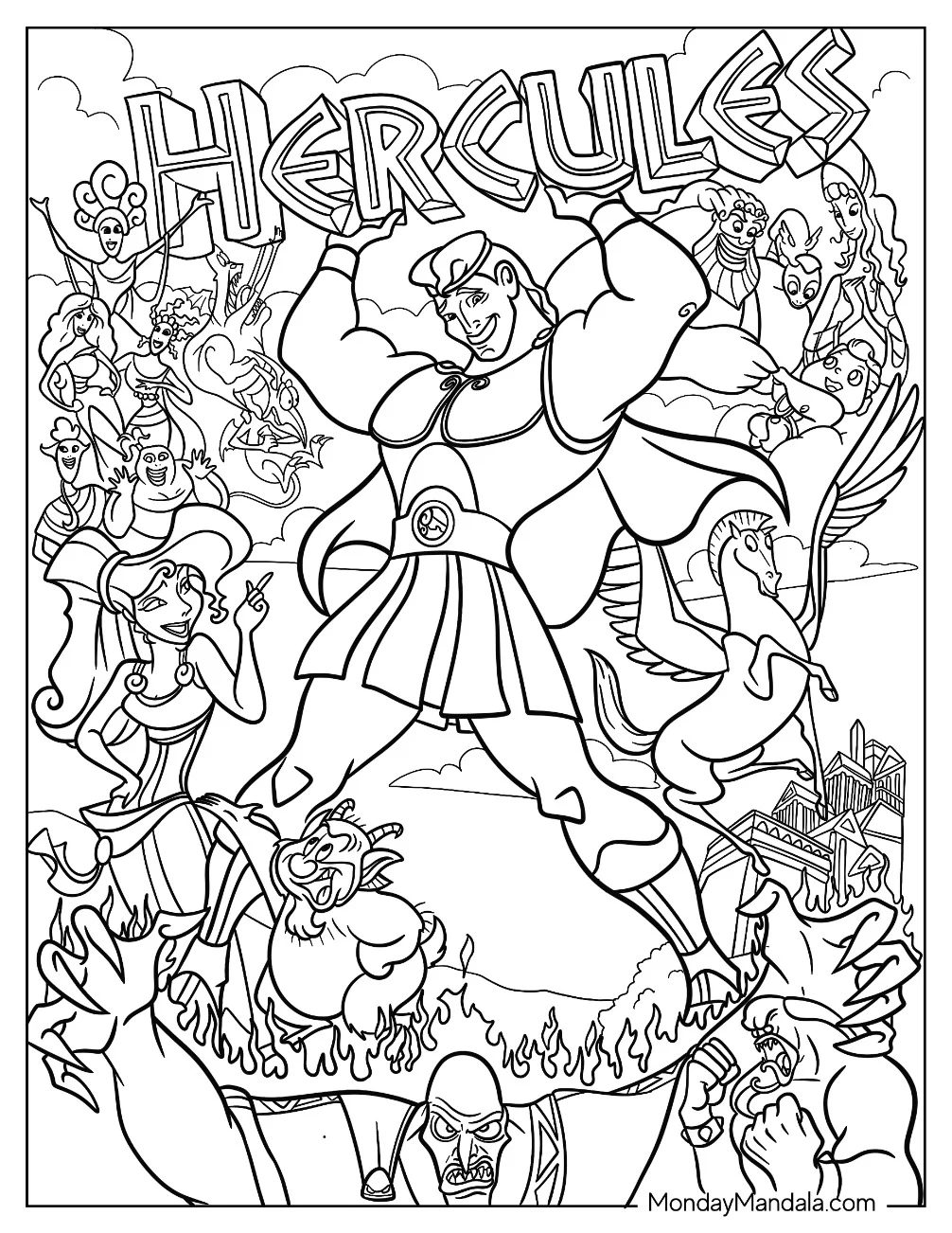 Detailed Hercules Coloring Page Poster With All The Characters coloring page — printable line art