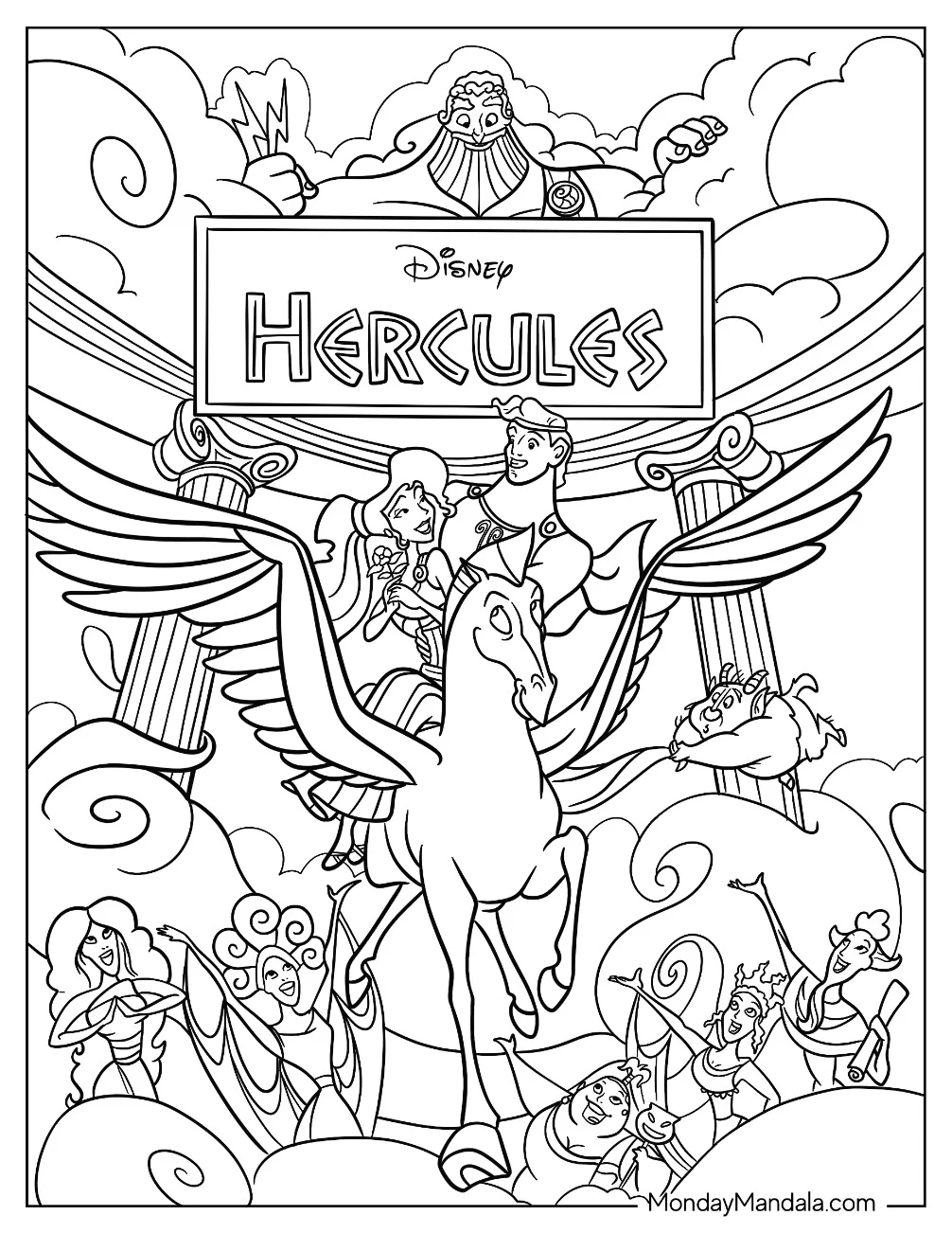 Disney Hercules Coloring Page Poster With Zeus, Meg, Pegasus, And The Muses coloring page