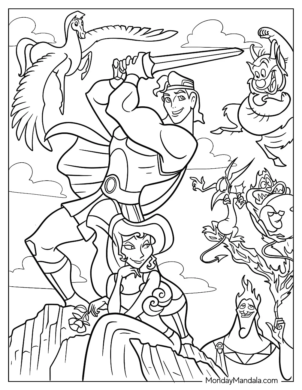 Hercules Coloring Page Meg, Pegasus, Phil, Hades, Pain, And Panic coloring page
