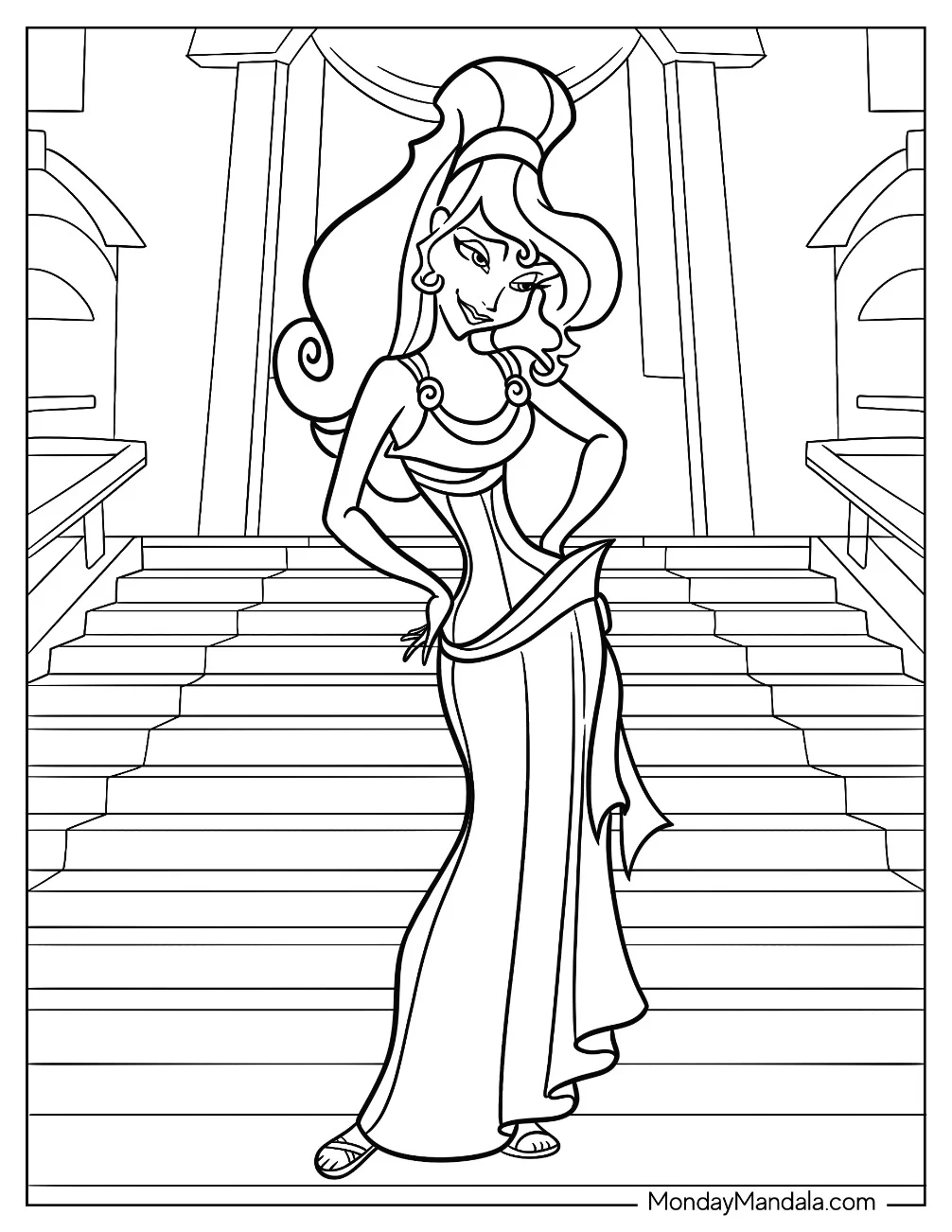 Hercules Coloring Page Of Megara Standing In Front Of A Temple coloring page
