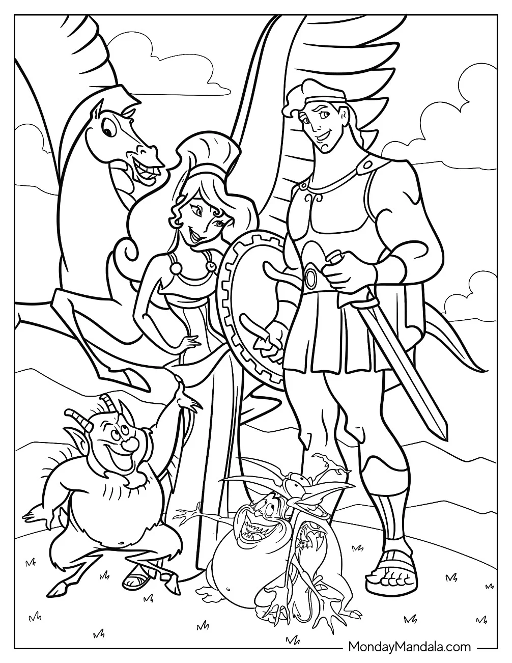 Hercules Coloring Page Standing Next To Meg, Pegasus, Phil, Pain, And Panic coloring page — printable line art