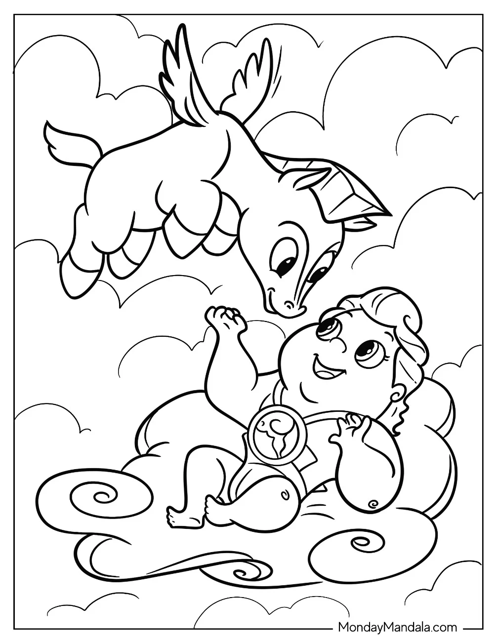 Pegasus Playing With Baby Hercules Coloring Page For Kids coloring page