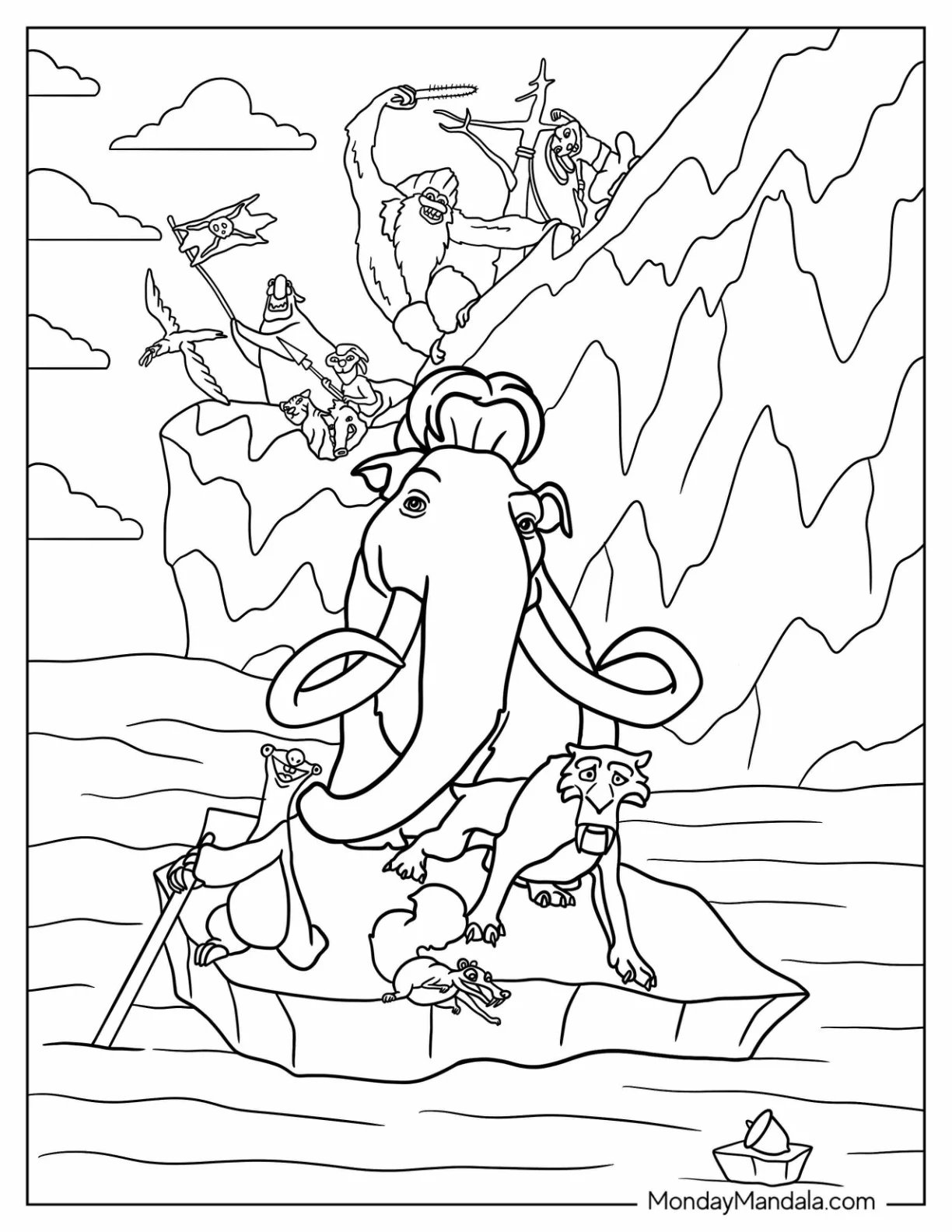 Ice Age Coloring Page Of Ice Age Manfred, Sid, And Diego Floating On Piece Of Ice coloring page