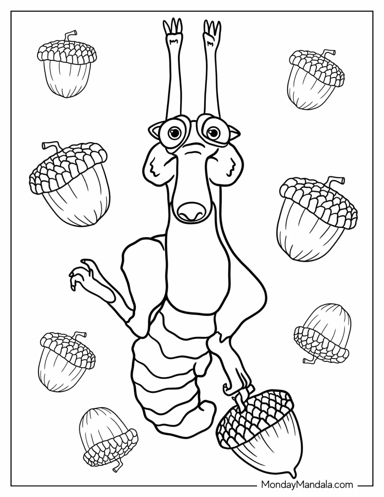 Ice Age Coloring Page Of  Kawaii Scrat With Acorns In Background coloring page