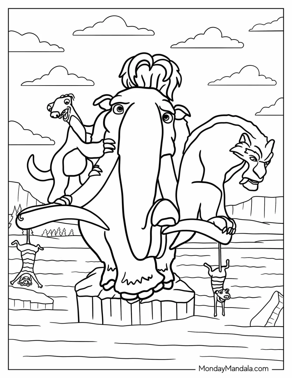 Ice Age Coloring Page Of Manfred, Sid, And Diego Balancing On Piece Of Ice coloring page