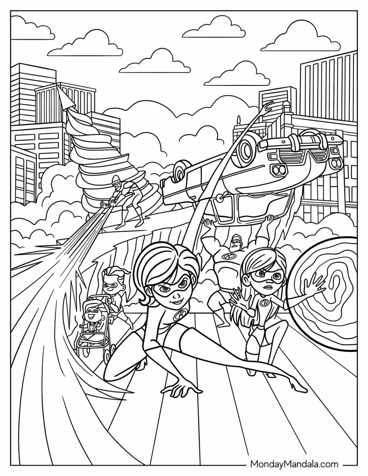 Incredibles Coloring Page Elastigirl, Violet, Dash, Jack Jack, Mr. Incredible, Frozone Fighting Villain coloring page