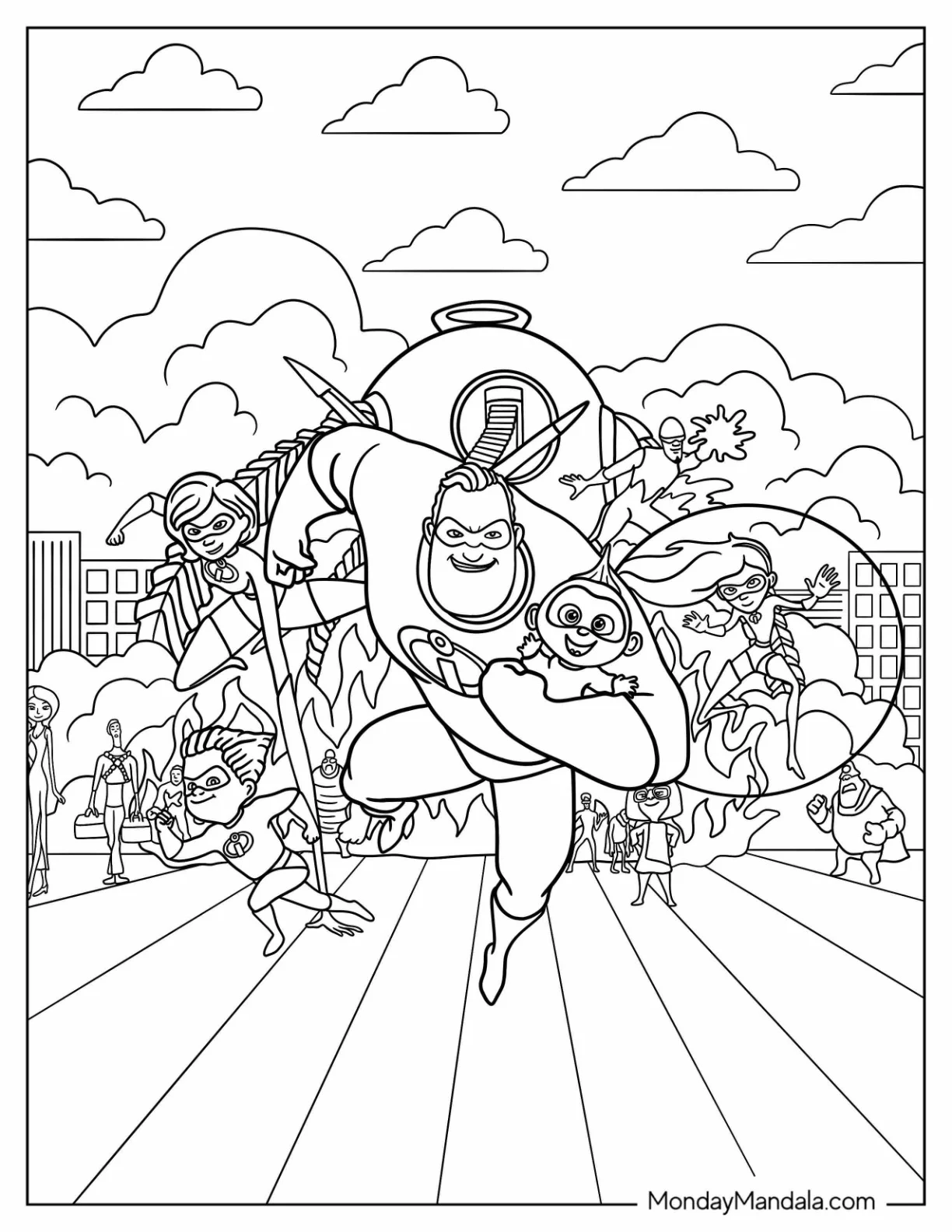 Incredibles Coloring Page Family Fighting Villains With Other Superheroes coloring page