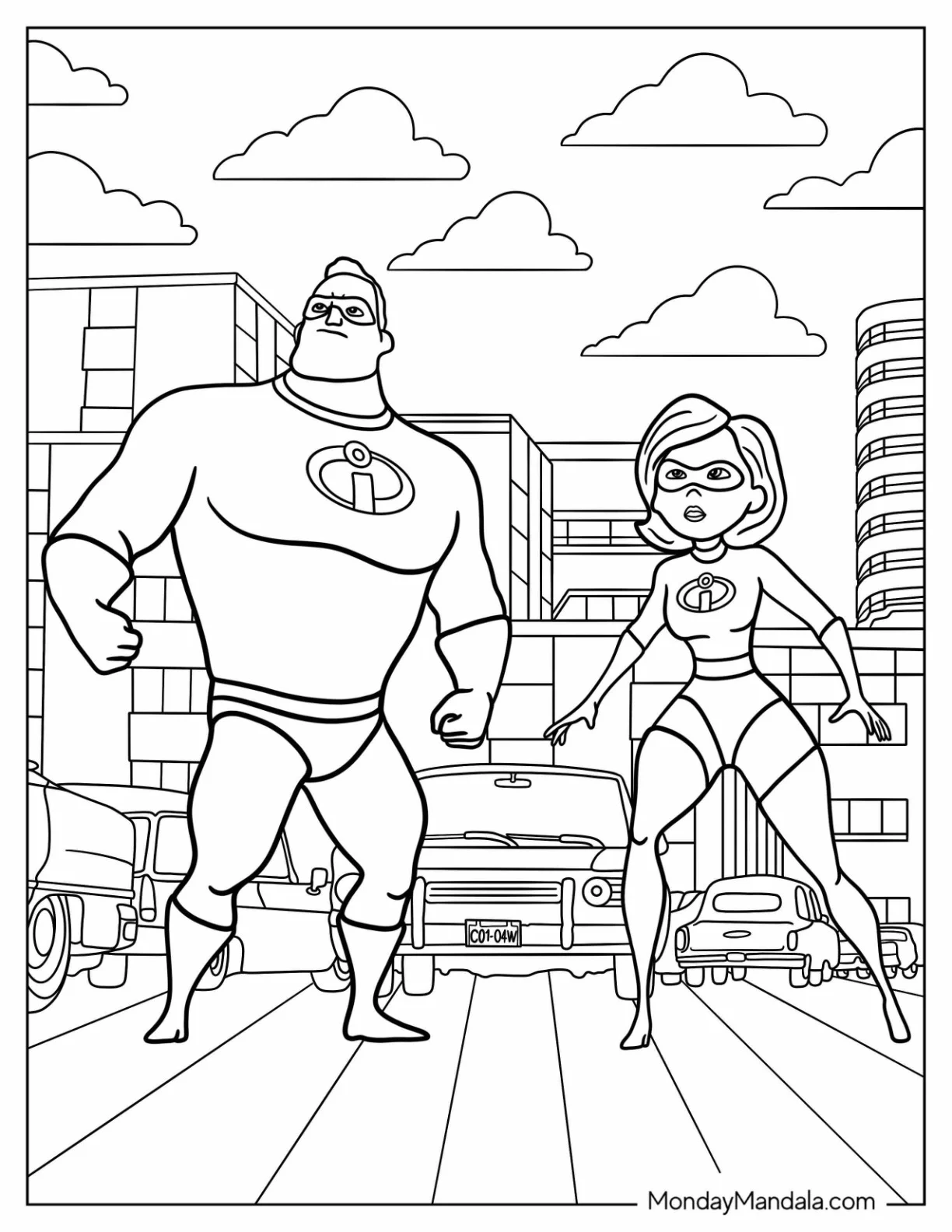 Incredibles Coloring Page Of Easy Mr. Incredibles And Elastigirl Fighting In City coloring page