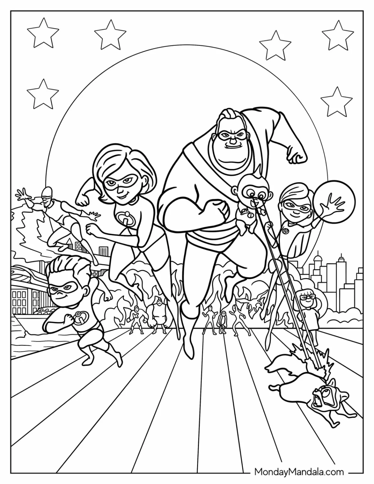 Incredibles Coloring Page Of Mr. Incredible, Elastigirl, Violet, Dash, Frozone, And Edna coloring page