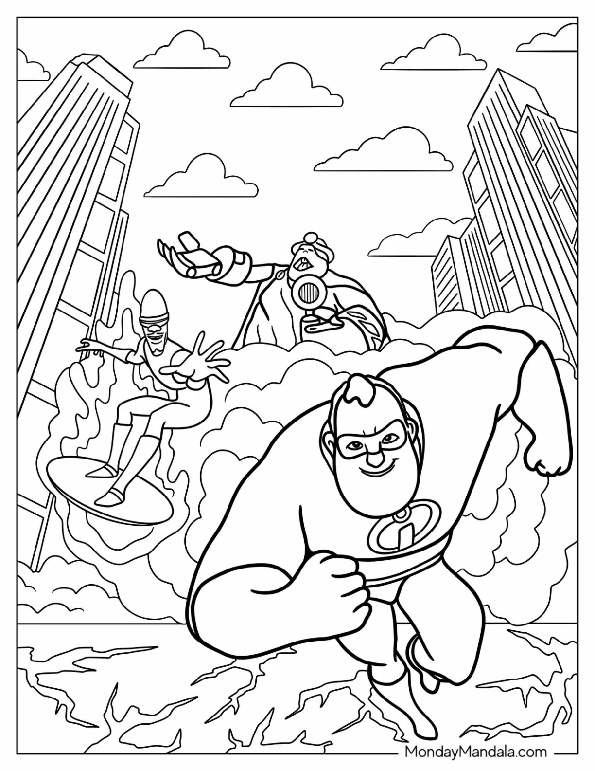 Incredibles Coloring Page Of Mr. Incredible, Frozone, And The Underminer coloring page — printable line art