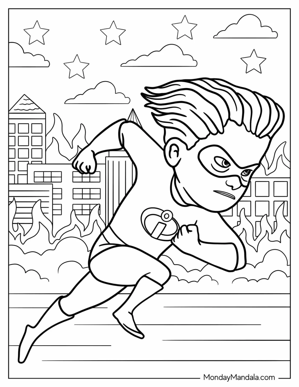 Incredibles Coloring Page Of The Dash Running Through Burning City coloring page