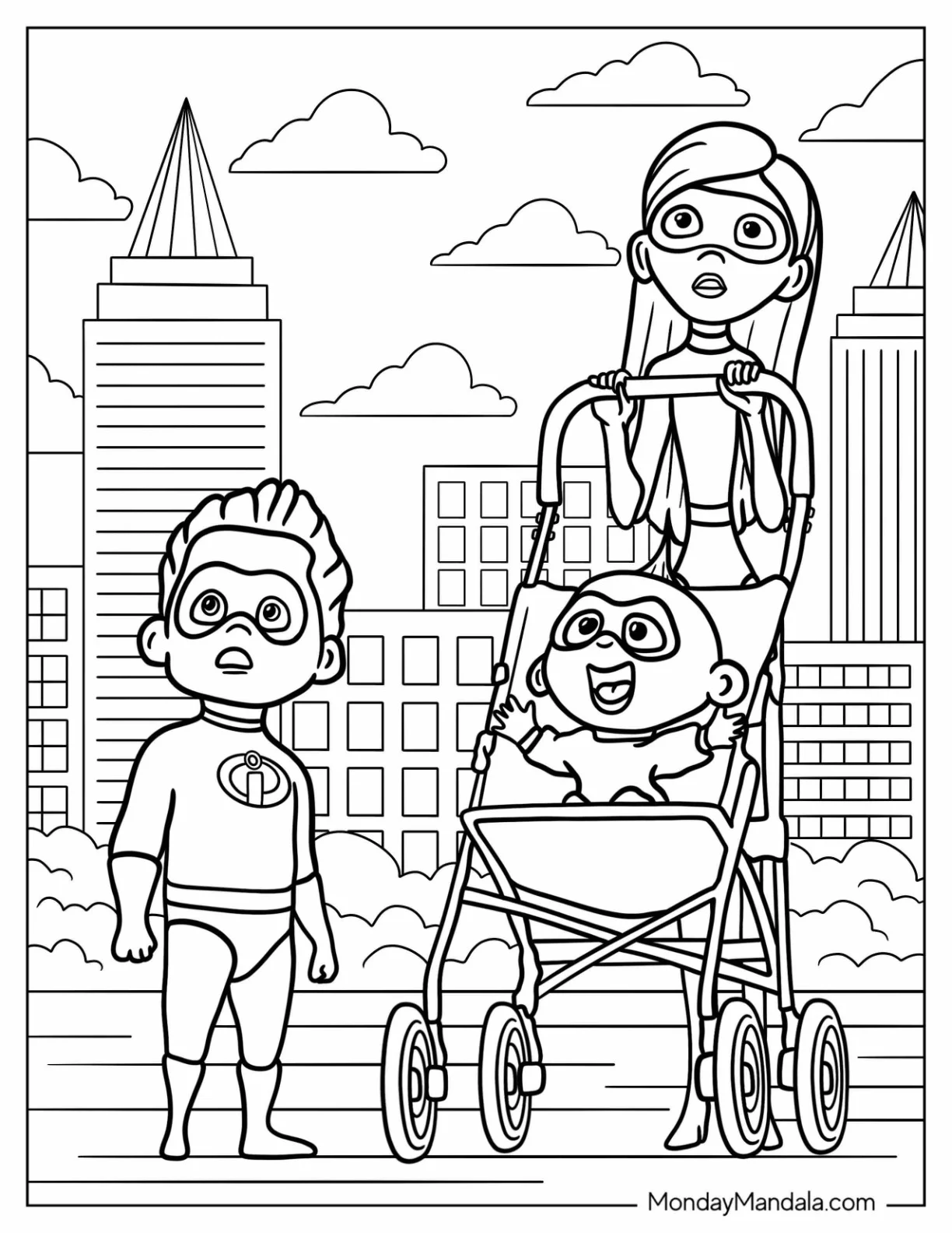 Incredibles Coloring Page Of Violet, Jack Jack, And Dash Shocked Looking Up coloring page