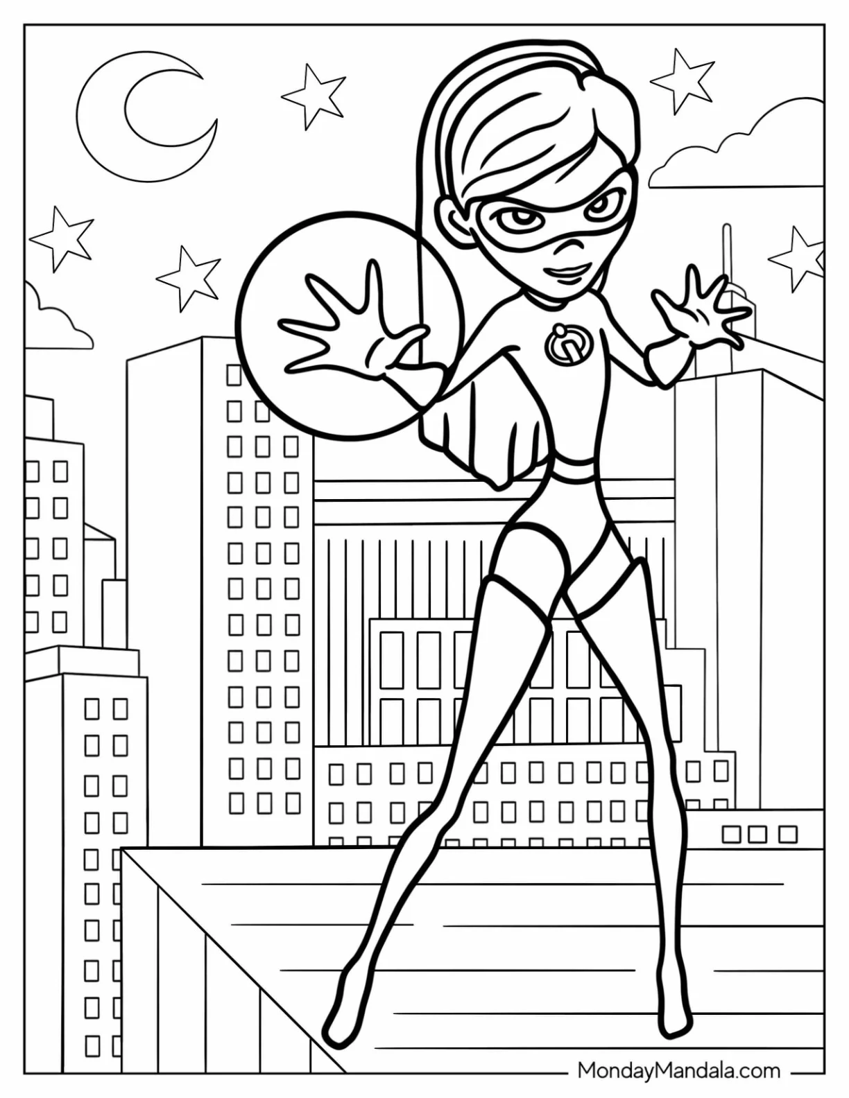 Incredibles Coloring Page Of Violet Using Force Field coloring page — printable line art