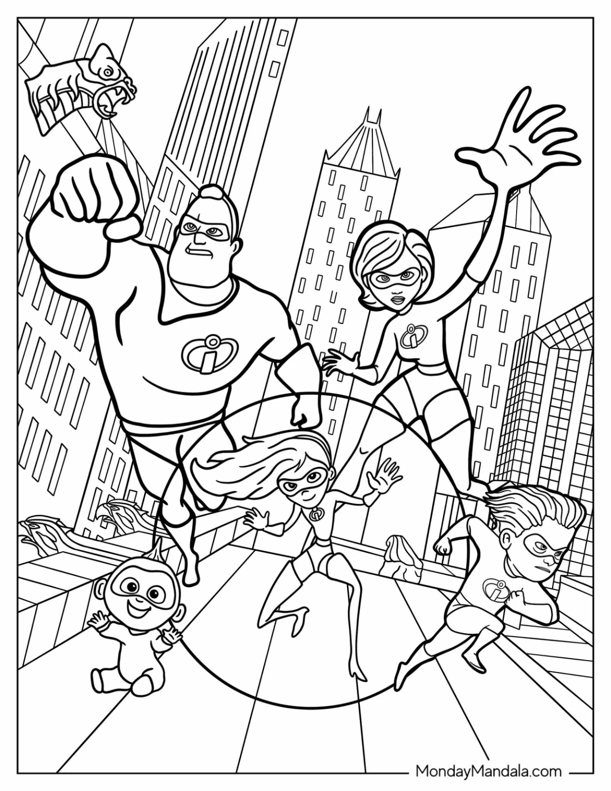 The Incredibles Coloring Page Of Family Fighting coloring page