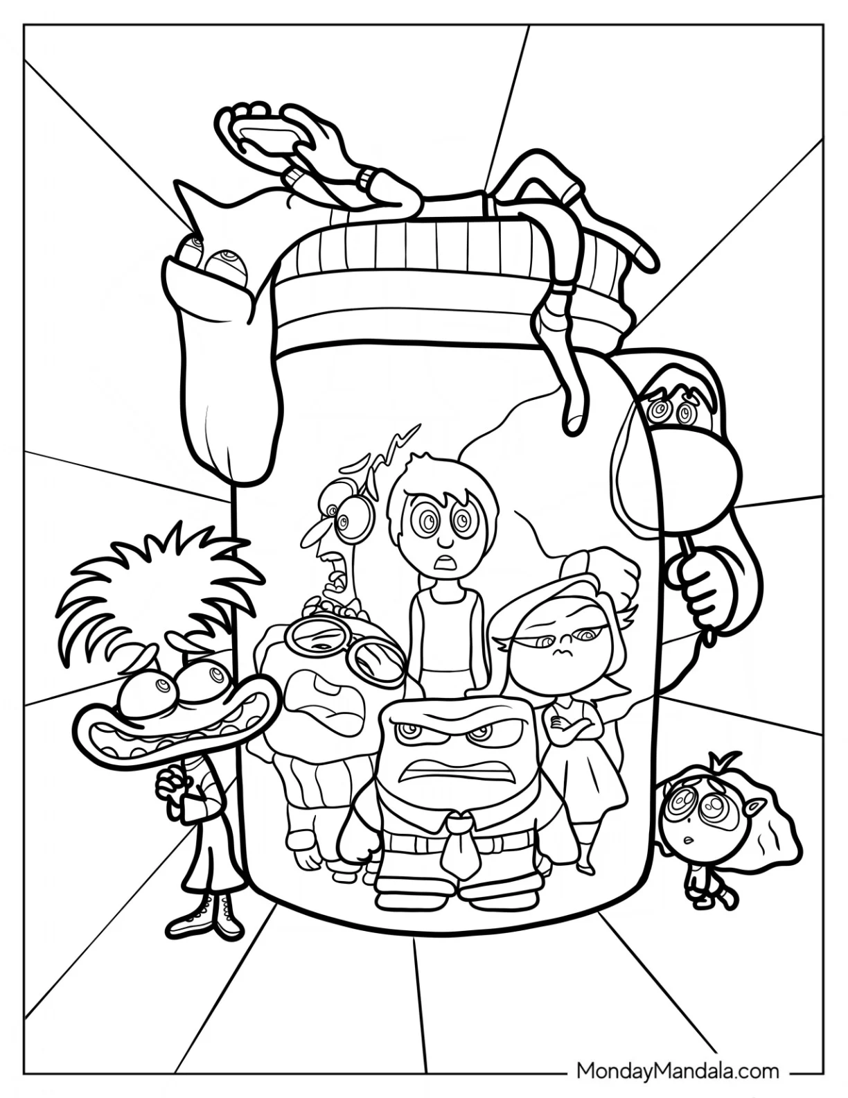 Envy, Ennui, Embarrassment, Anxiety Locking Joy, Sadness, Disgust, Fear, And Anger In A Jar coloring page