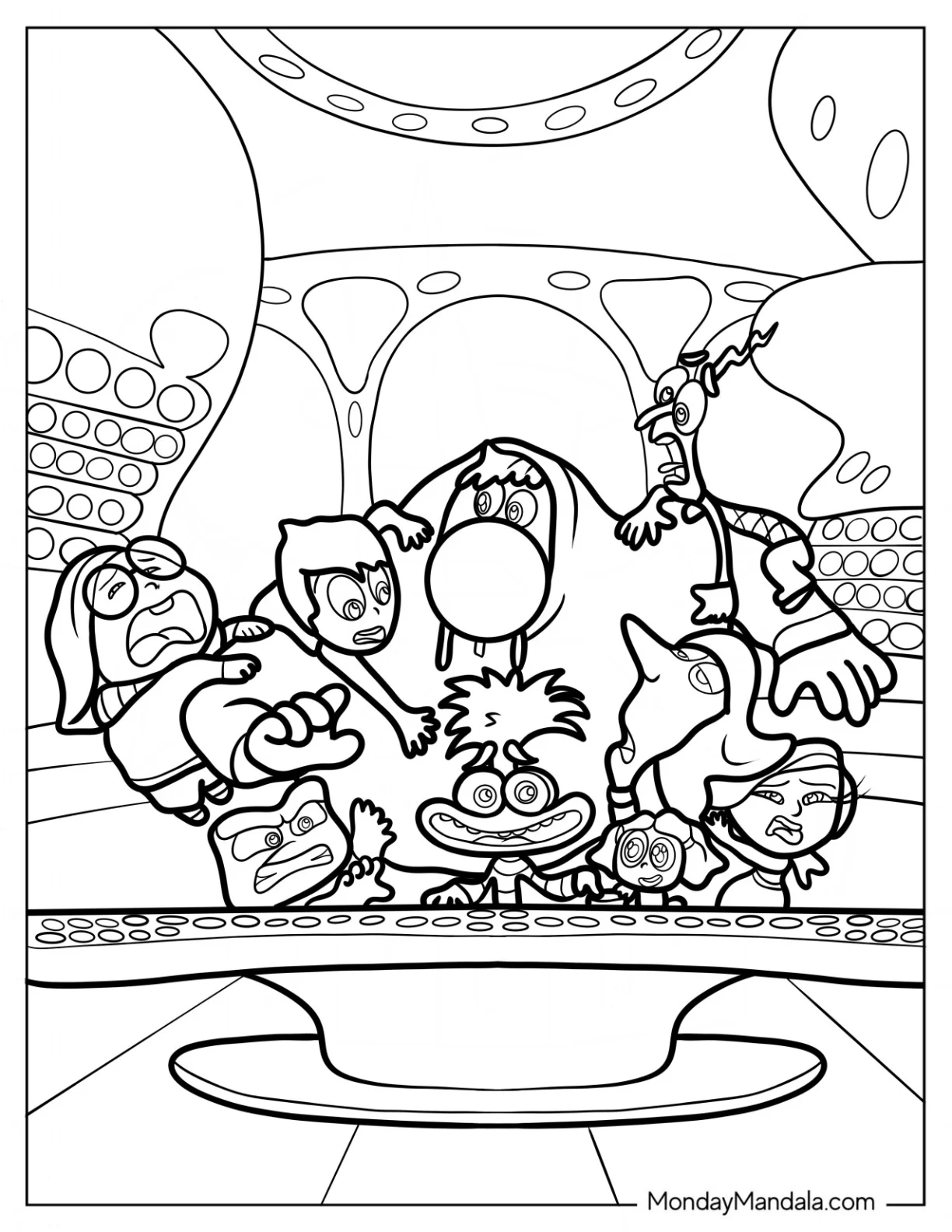 Inside Out 2 Joy, Sadness, Fear, Anger, Disgust, Ennui, Anxiety, Fear, And Envy coloring page — printable line art