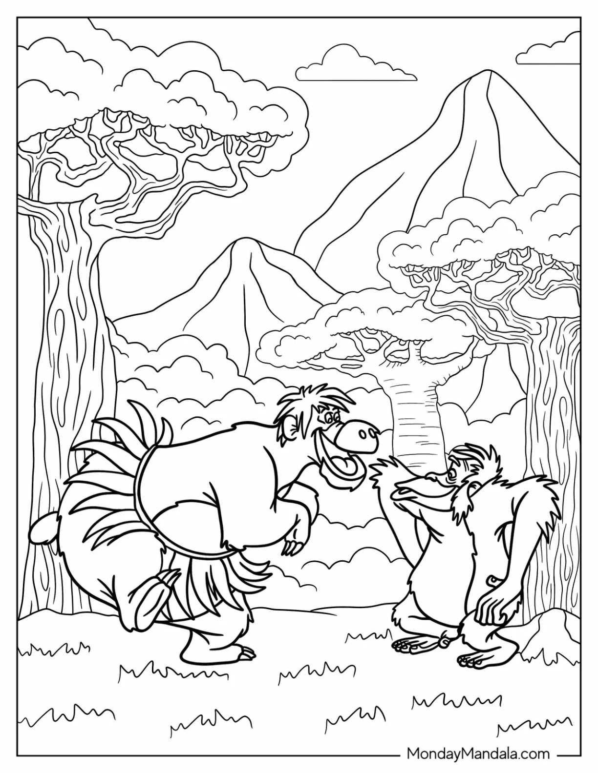 Jungle Book Coloring Page Of Baloo In Leaf Skirt Dancing With King Louie coloring page
