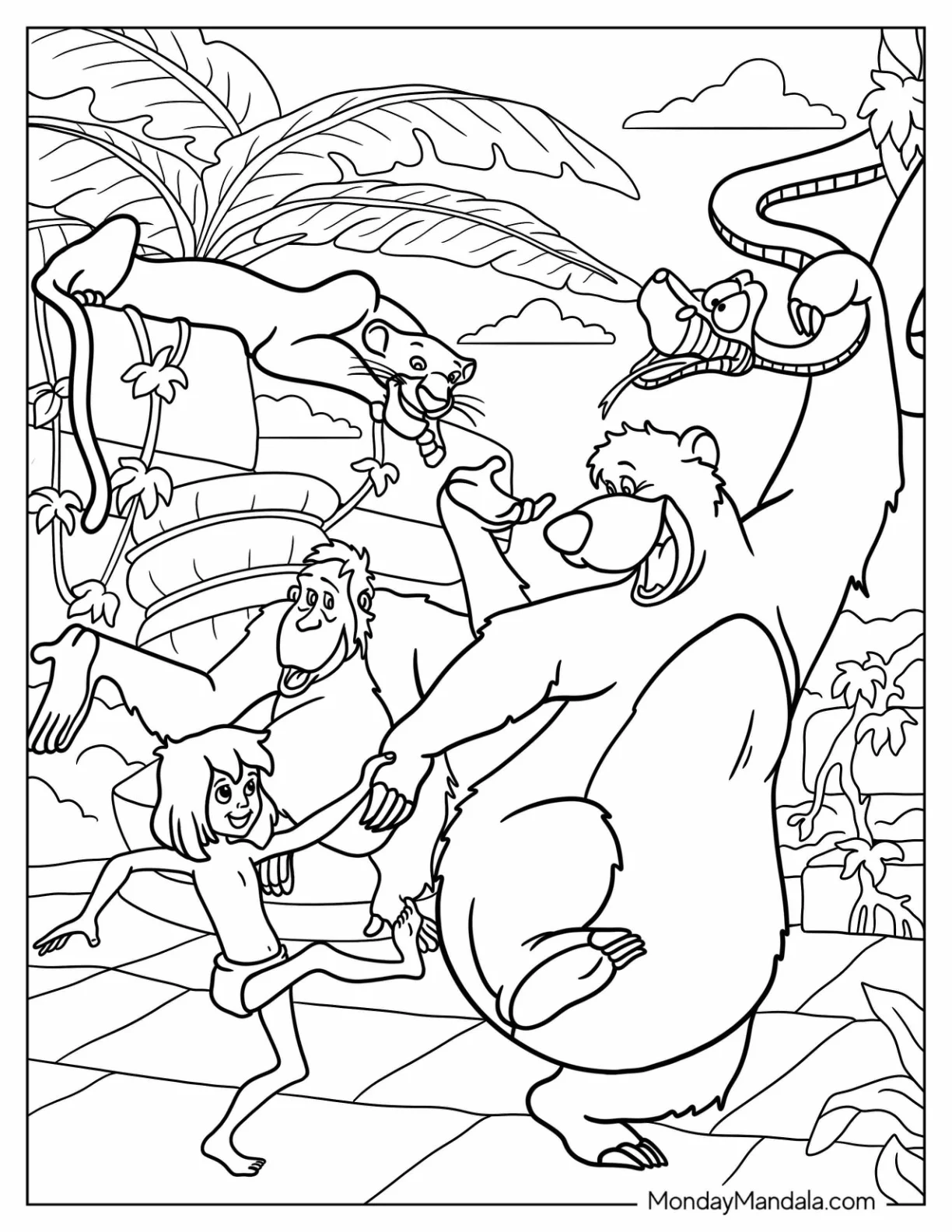 Jungle Book Coloring Page Of Baloo, Mowgli, Kaa, King Louie, And Bagheera coloring page