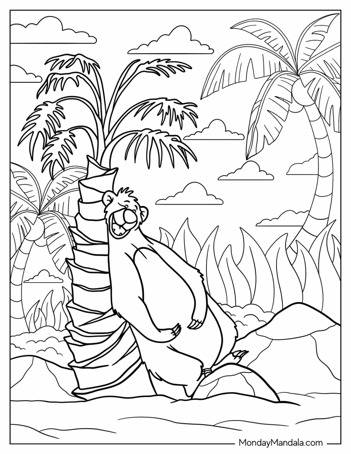Jungle Book Coloring Page Of Baloo Scratching Back Against Tree coloring page
