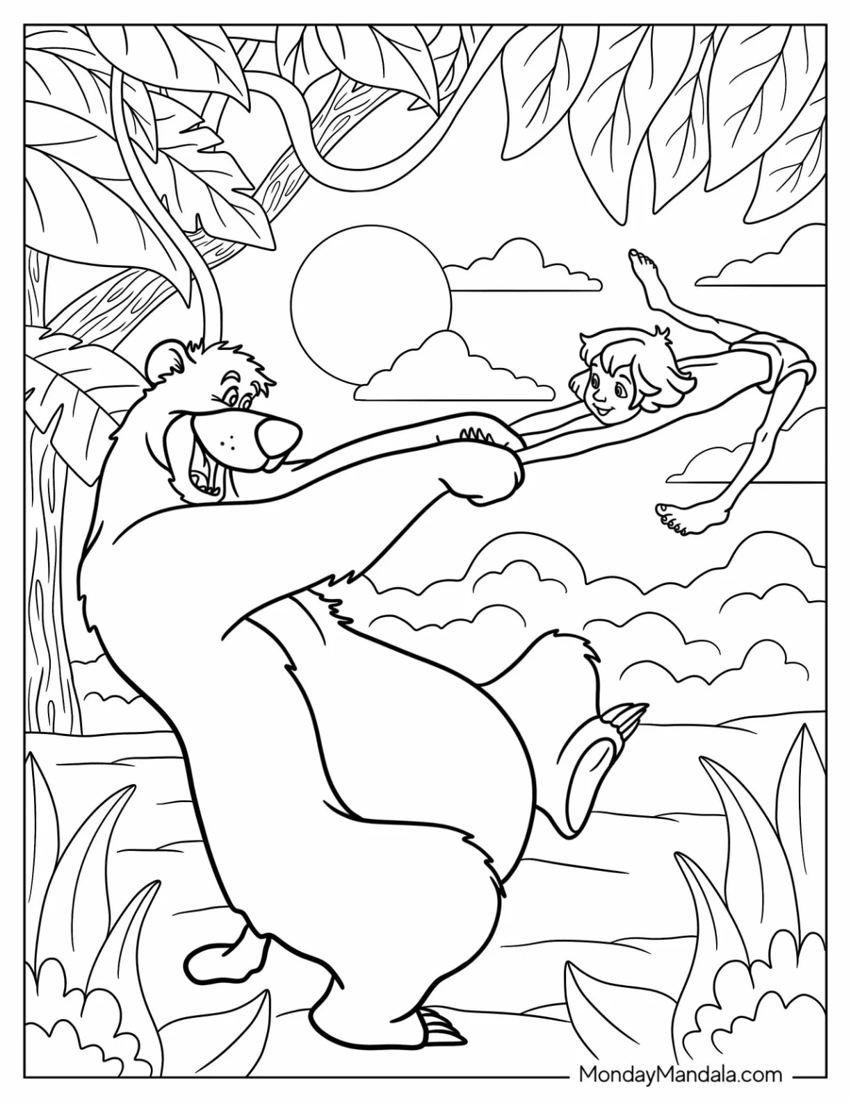 Jungle Book Coloring Page Of Baloo Swinging Mowgli By The Arms coloring page