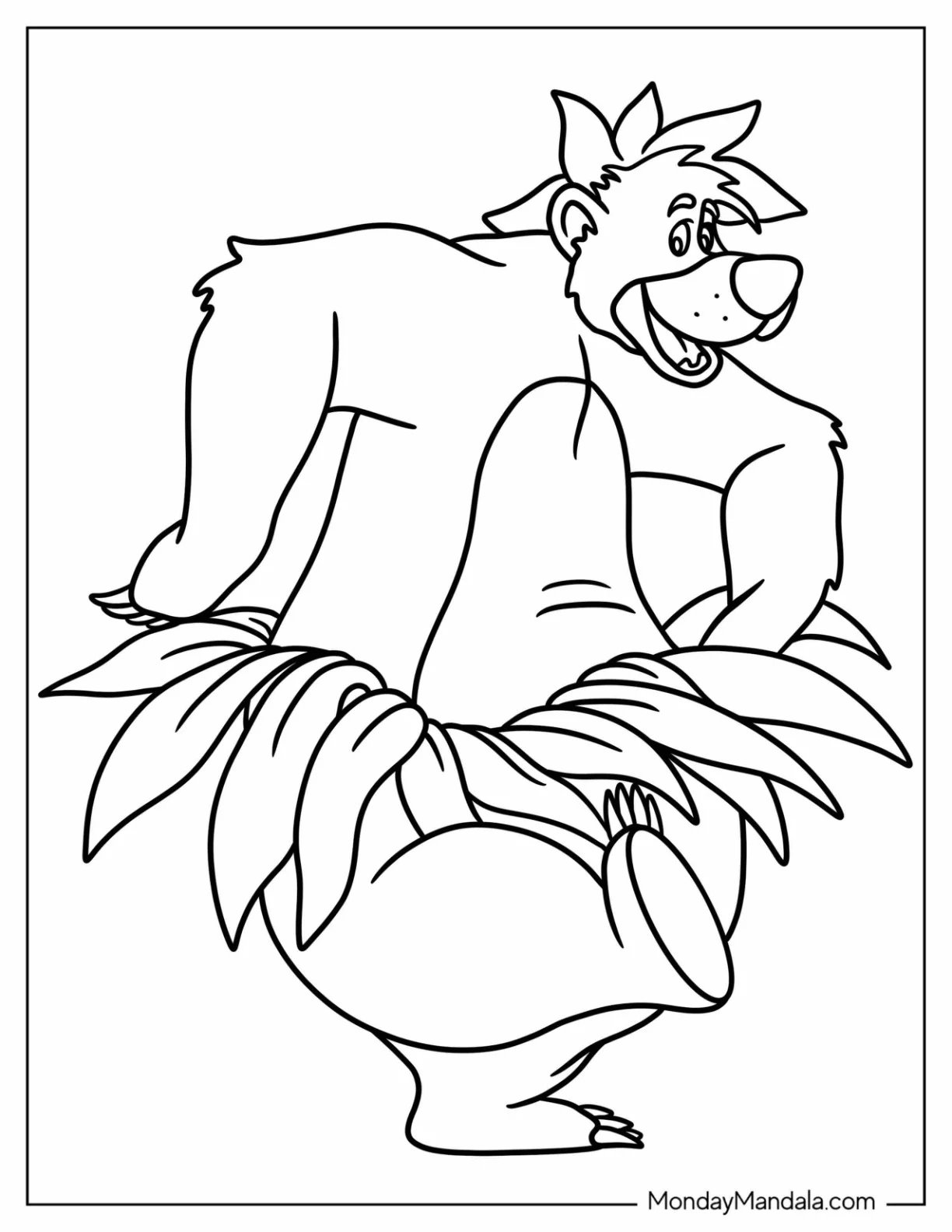 Jungle Book Coloring Page Of Balooo Wearing Hula Skirt And Leaf Headdress For Kids coloring page