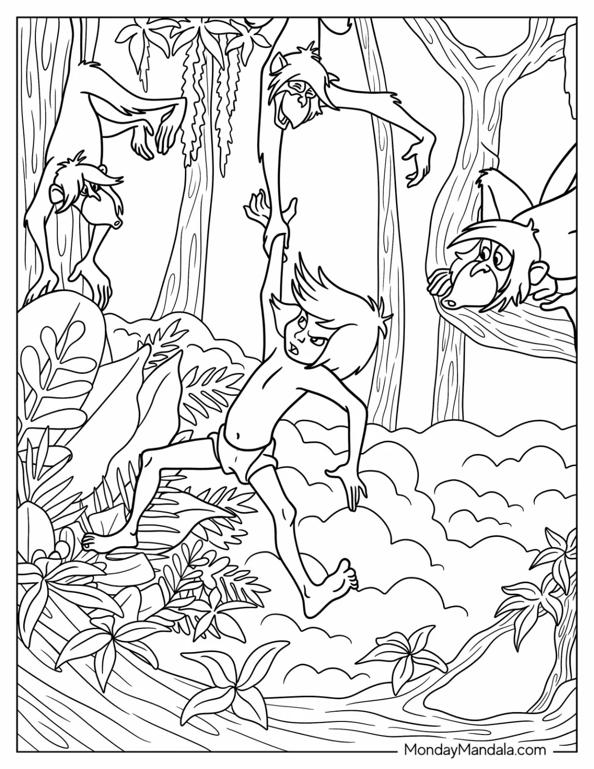 Jungle Book Coloring Page Of Monkeys Teasing Mowgli coloring page