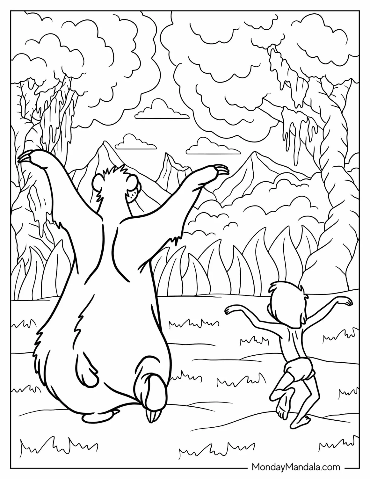 Jungle Book Coloring Page Of Mowgli And Baloo Dancing In The Jungle coloring page