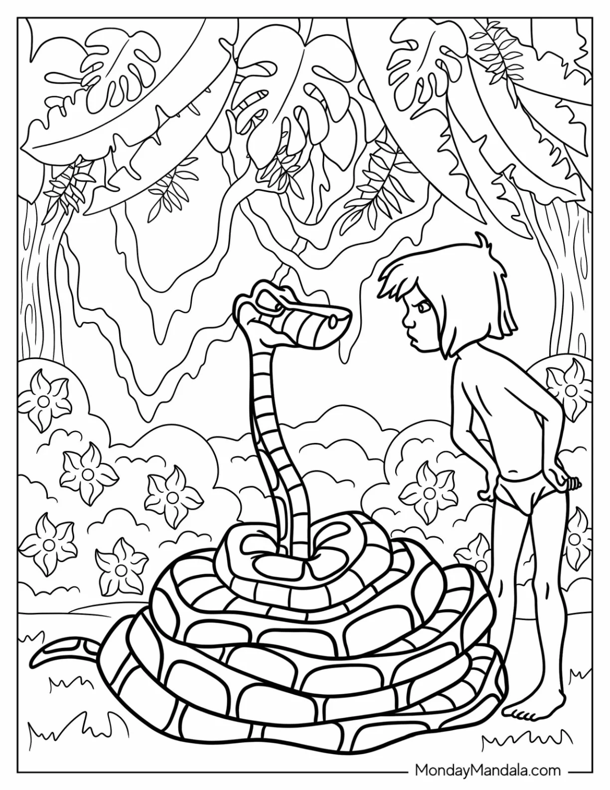 Jungle Book Coloring Page Of Mowgli Arguing With Kaa coloring page