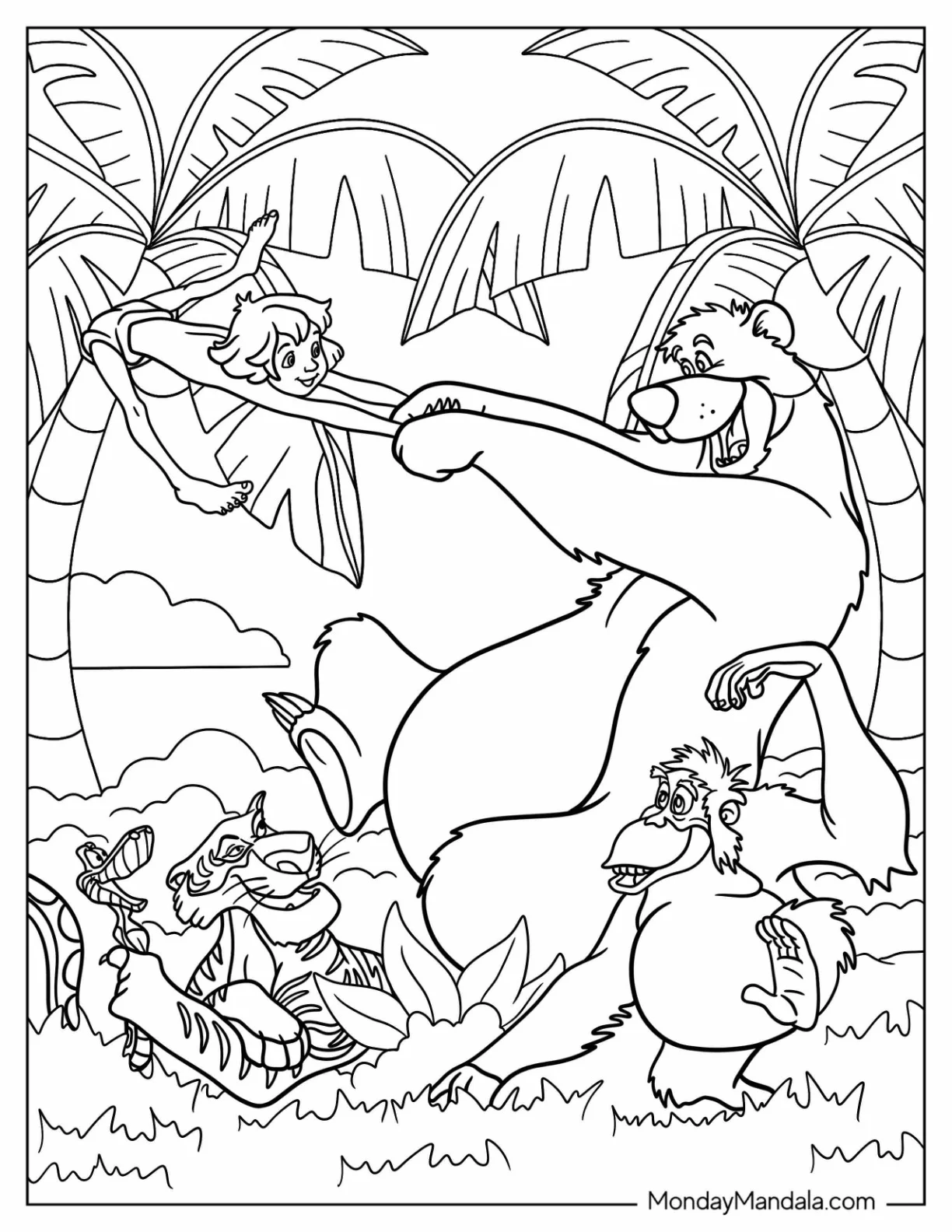 Jungle Book Coloring Page Of Mowgli, Baloo, King Louie, Shere Khan, And Kaa coloring page