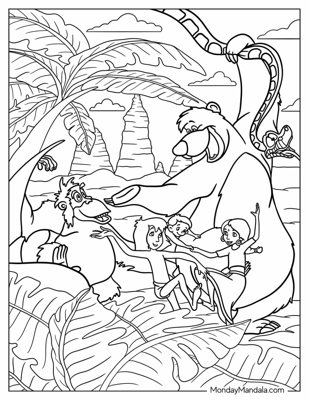 Jungle Book Coloring Page Of Mowgli Dancing With Shanti, Ranjan, Baloo, King Louie, And Kaa coloring page