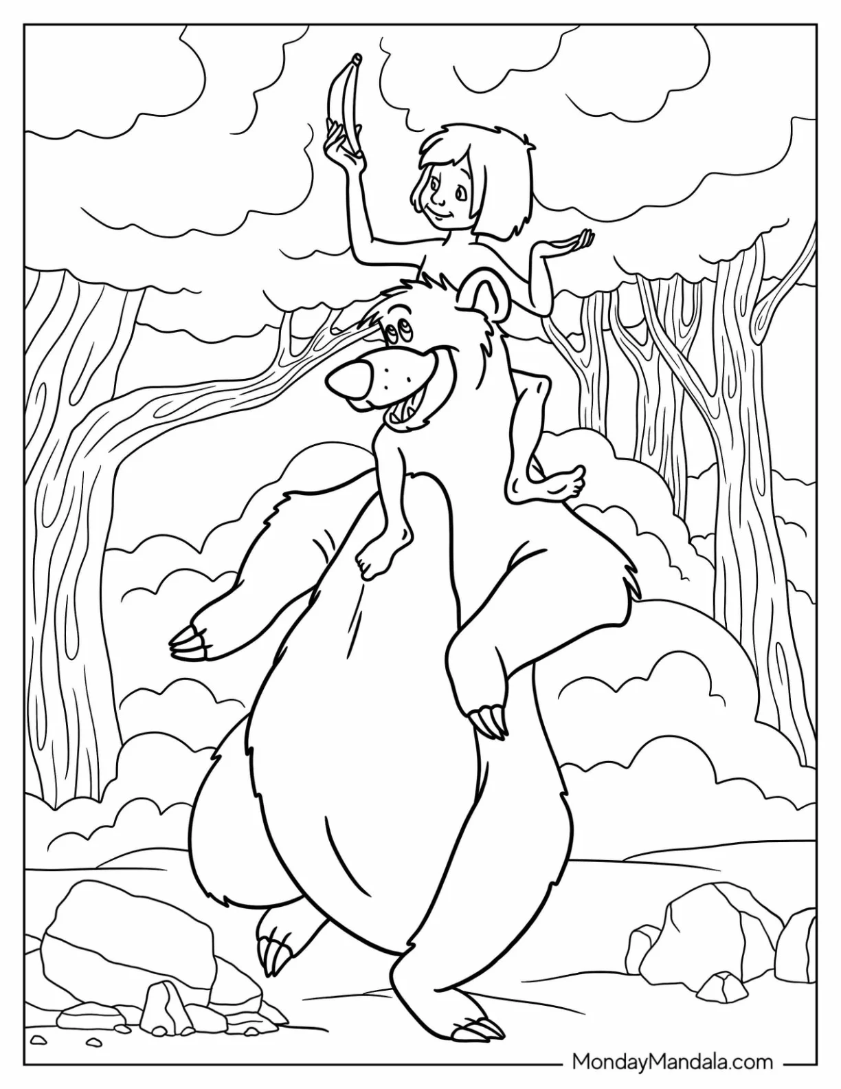 Jungle Book Coloring Page Of Mowgli Riding On Baloo s Back For Kids coloring page