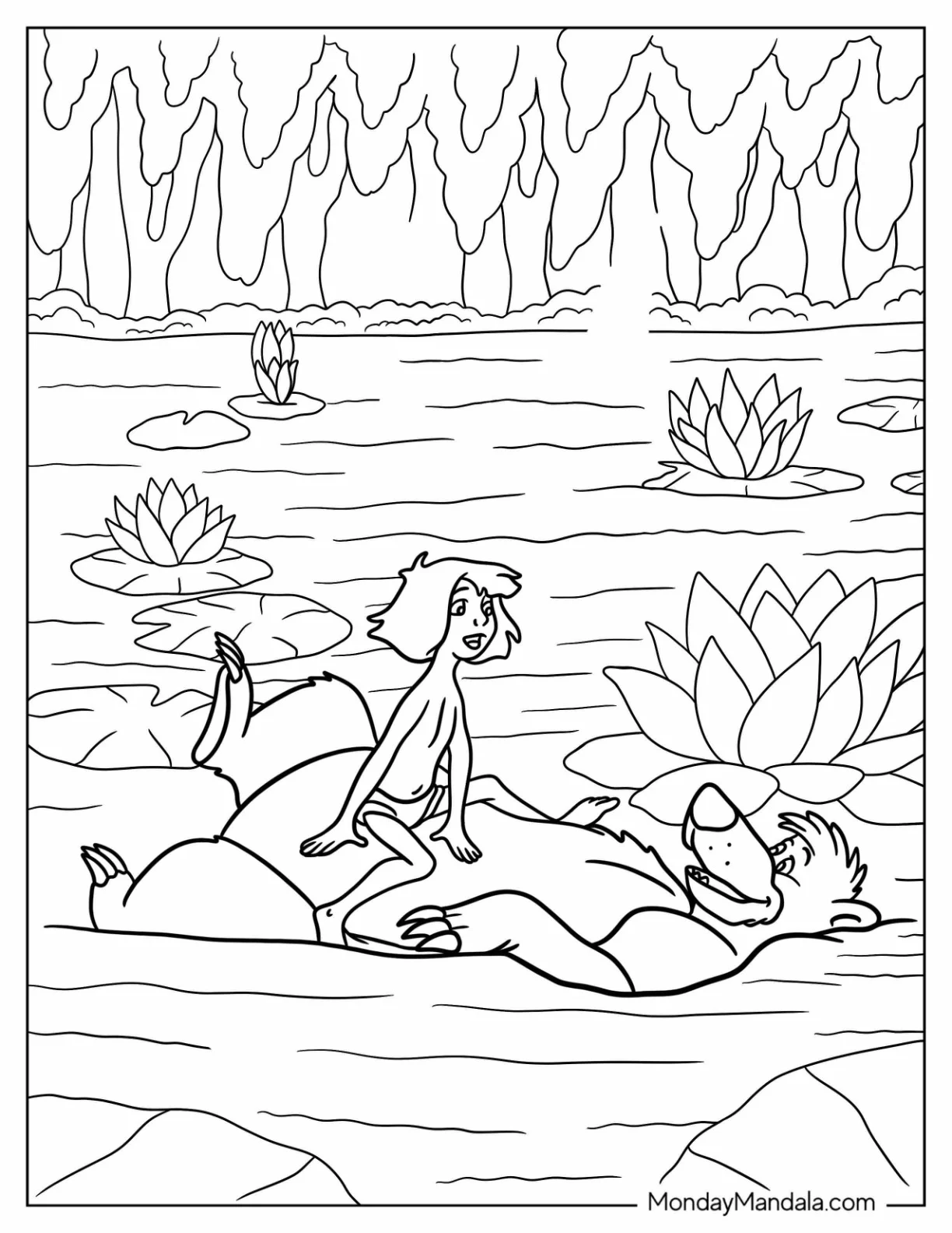 Jungle Book Coloring Page Of Mowgli Sitting On Top of Baloo While Floating In Water coloring page