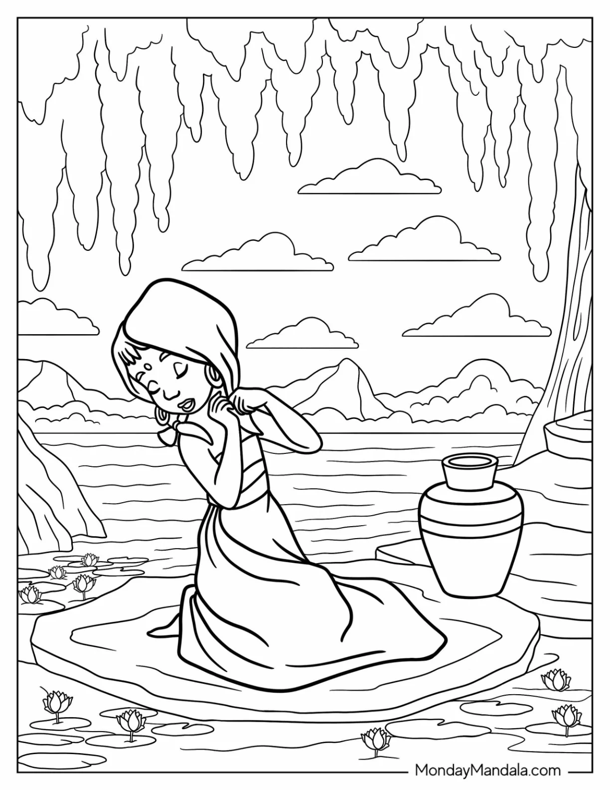 Jungle Book Coloring Page Of Shanti Fixing Her Hair While Sitting On Rock coloring page