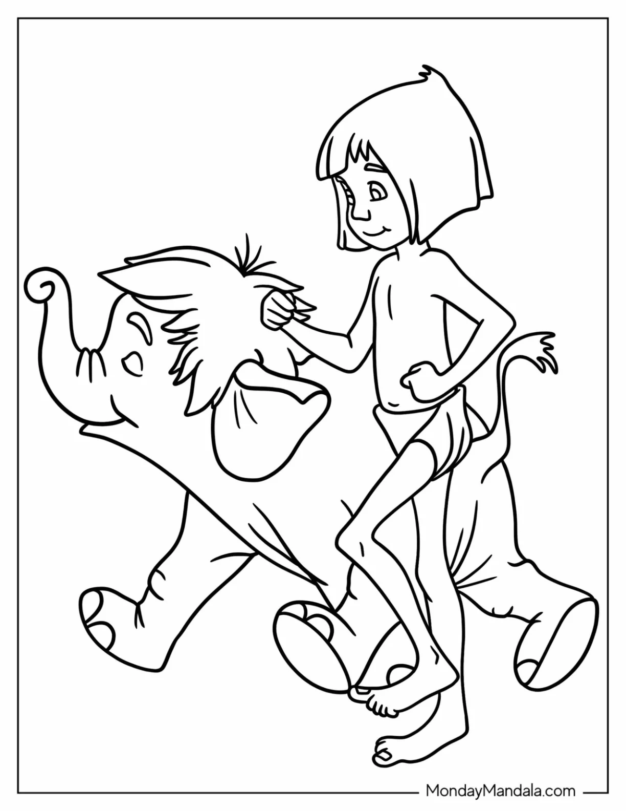 Jungle Book Coloring Page Of Young Mowgli Walking With Hathi Jr For Preschoolers coloring page