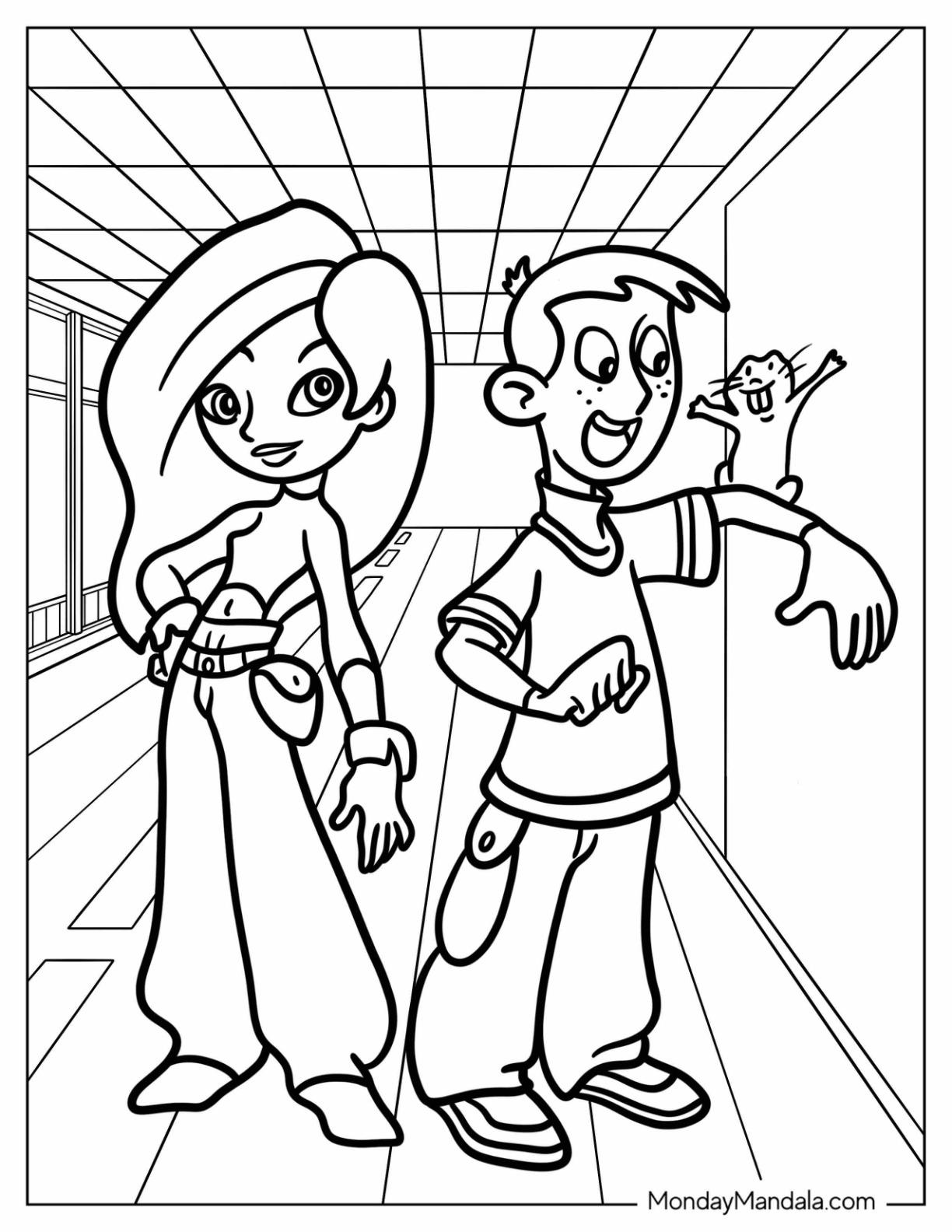 Cute Chibi Kim Possible Coloring Page With Ron Stoppable And Rufus For Kids coloring page
