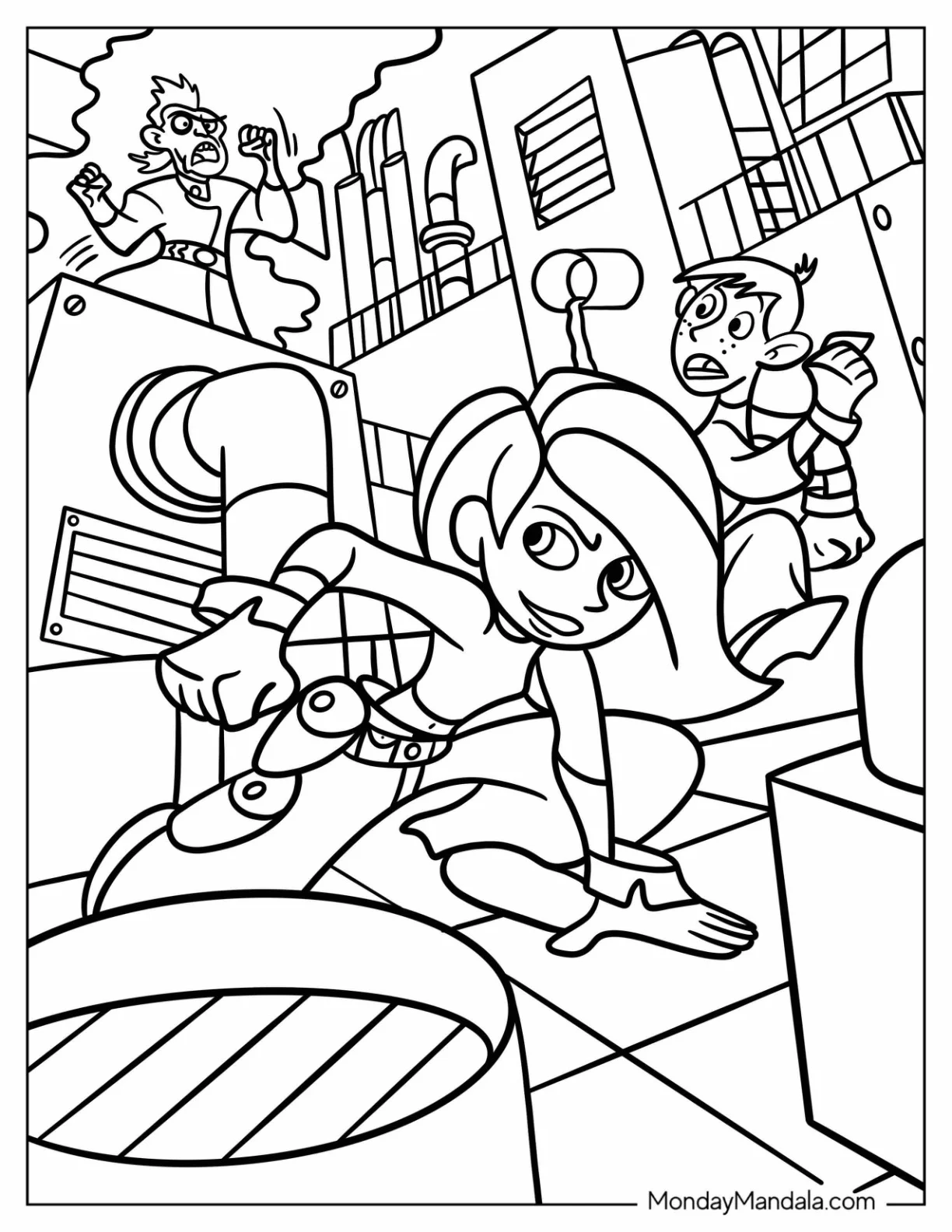 Dr. Drakken Chasing Kim Possible Coloring Page And Ron Stoppable coloring page — printable line art