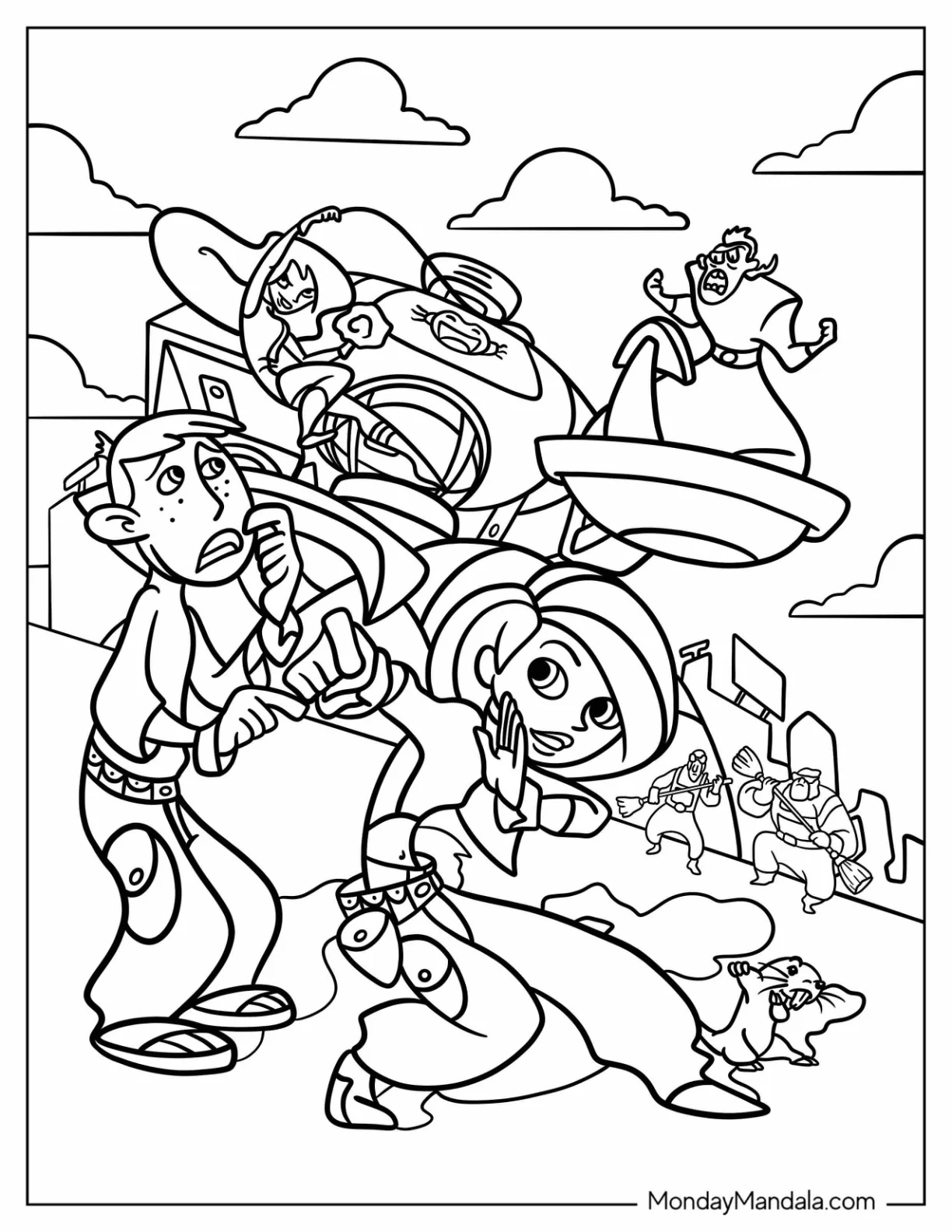 Kim Possible Coloring Page And Ron Stoppable Fighting Shego And Dr. Drakken coloring page