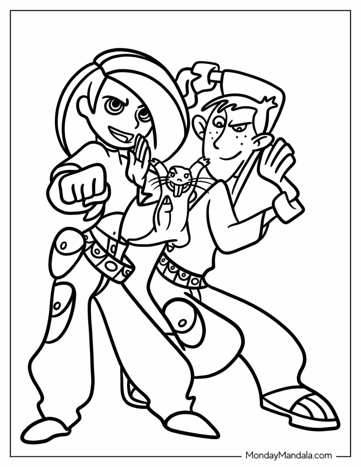 Kim Possible Coloring Page Ron Stoppable, And Rufus Doing Karate coloring page