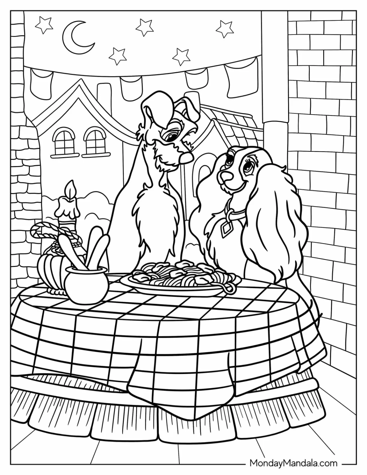 Detailed Lady And The Tramp Coloring Page Of Dinner Date coloring page