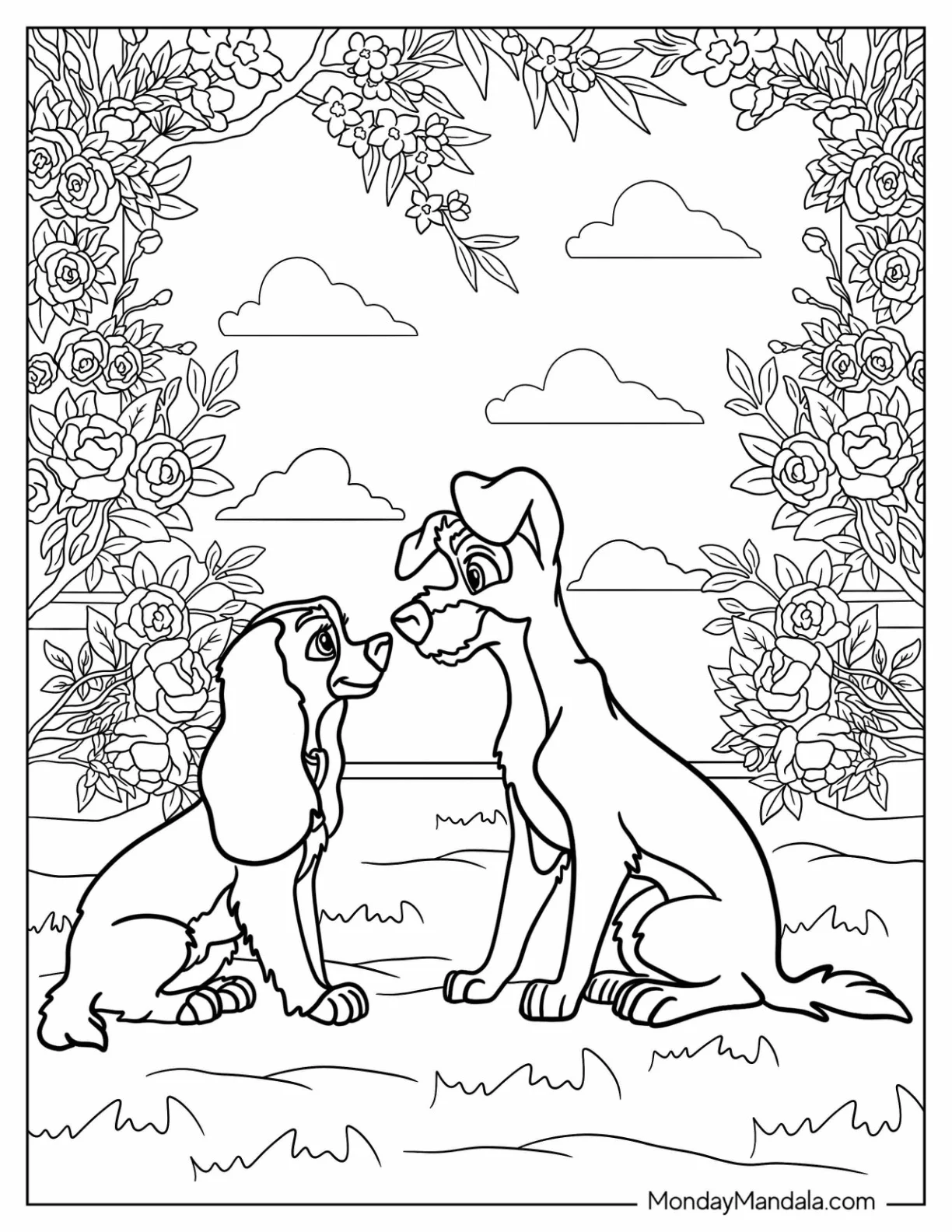 Lady And The Tramp Coloring Page In Flower Garden coloring page