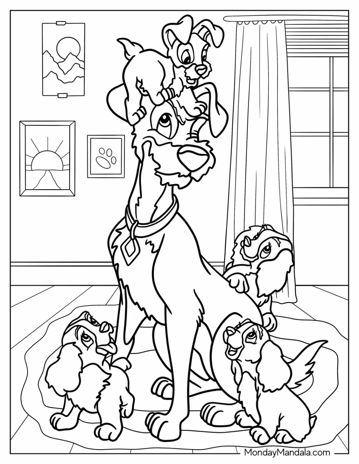 Lady And The Tramp Coloring Page Of Puppies In The Living Room coloring page