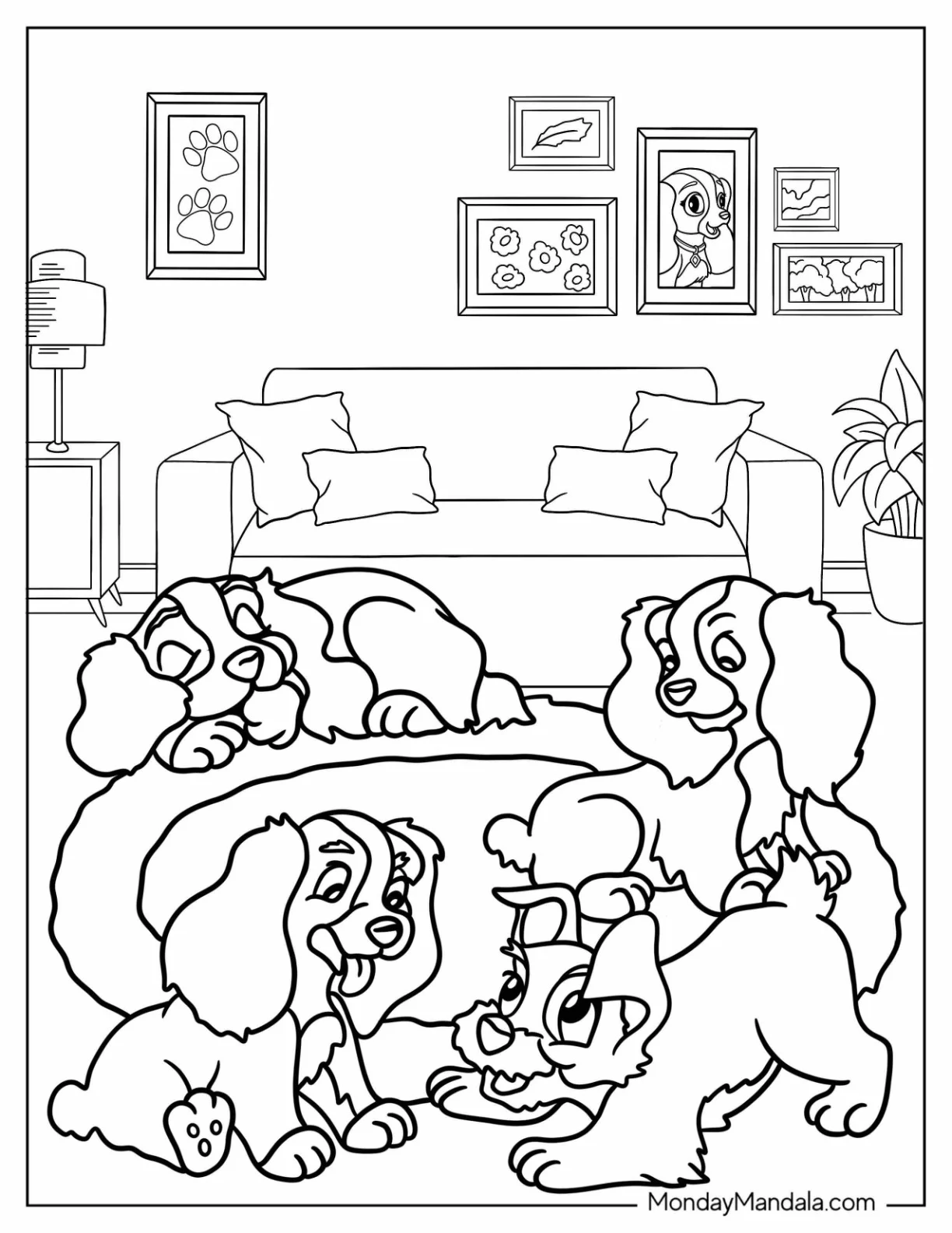Lady And The Tramp Coloring Page Of Puppies Sleeping And Playing coloring page