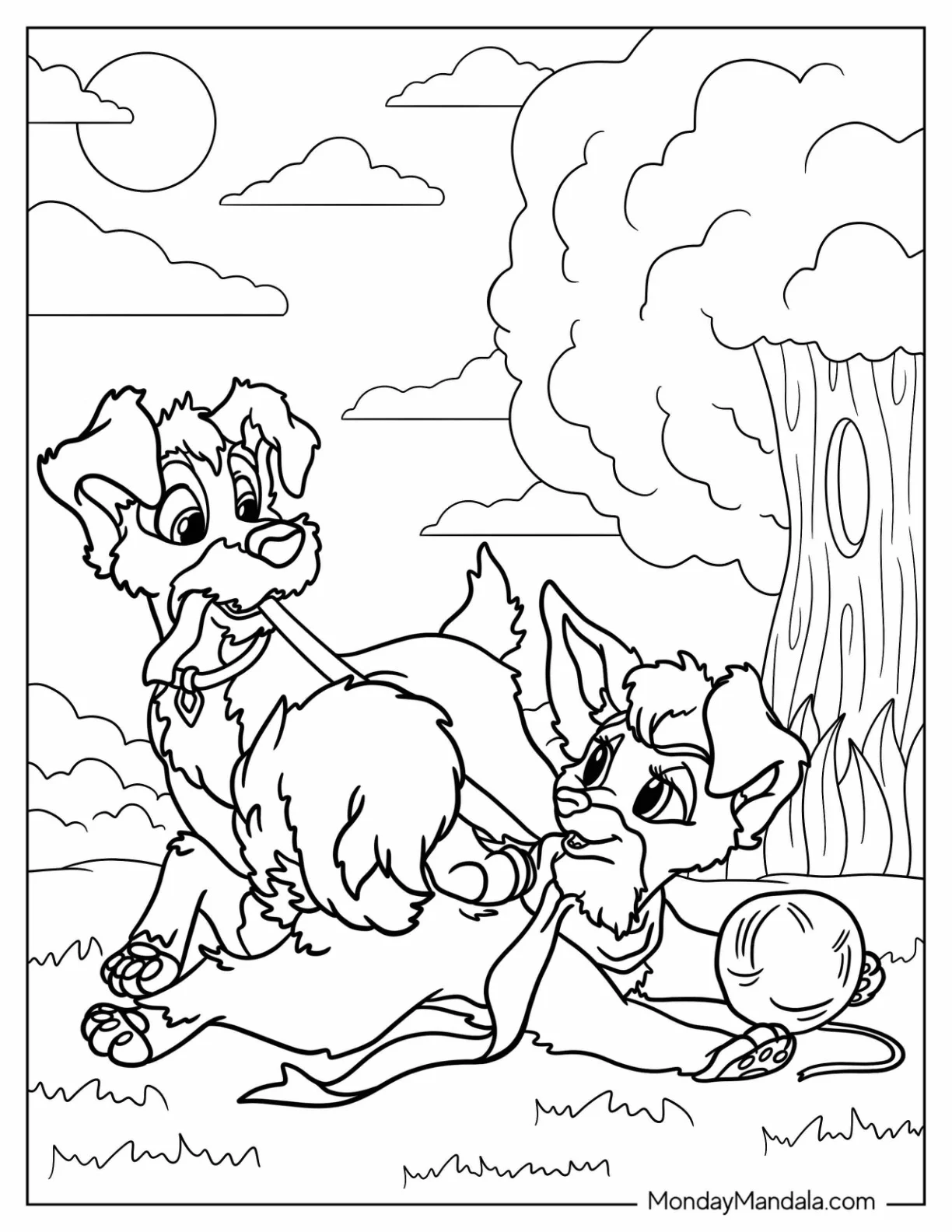 Lady And The Tramp Coloring Page Of Scamp Playing With Angel In The Park coloring page