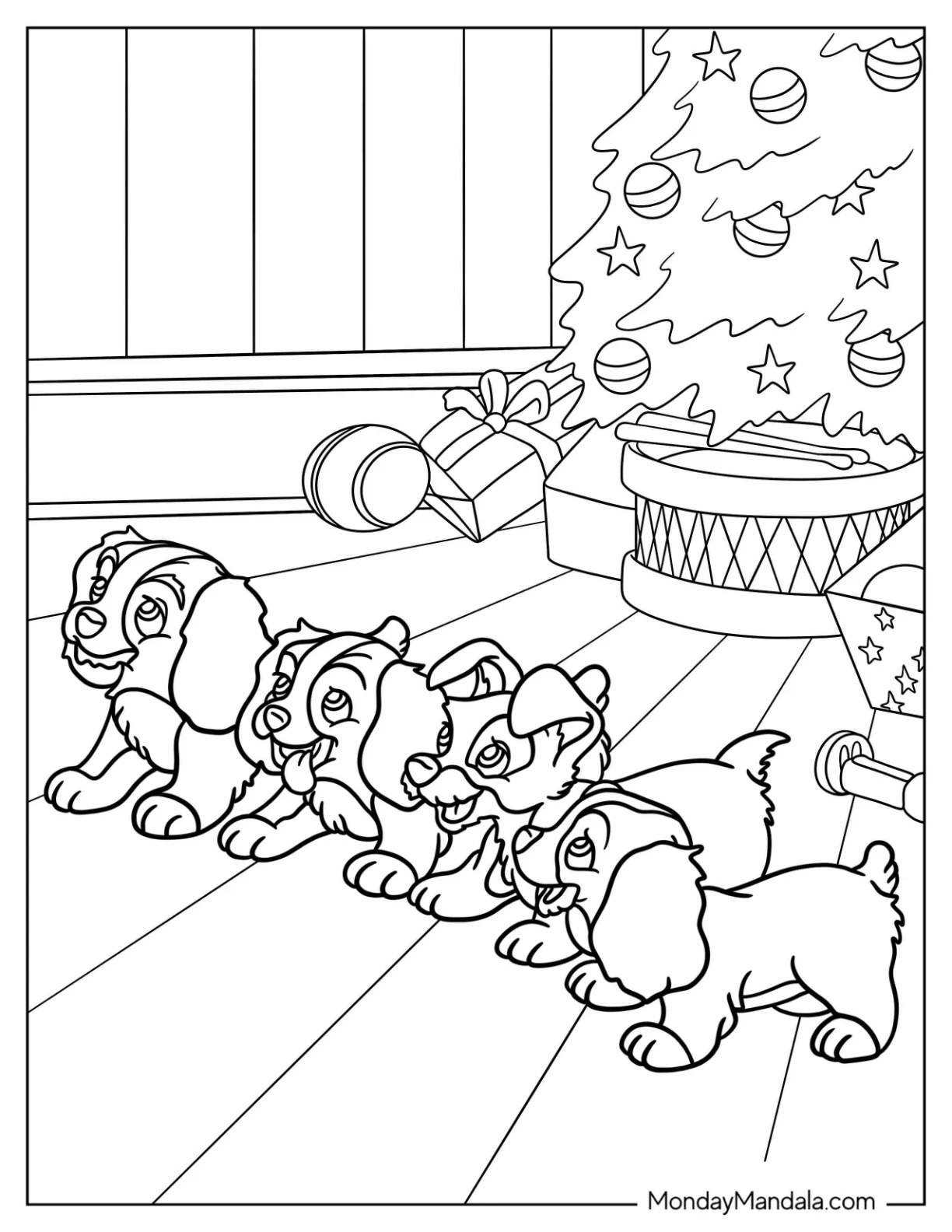 Lady And The Tramp Coloring Page Of Scamp With Three Sisters In Front Of Christmas Tree coloring page