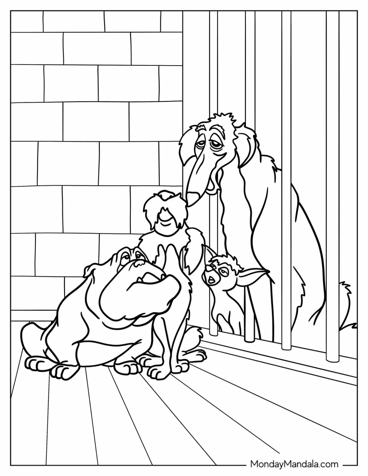 Lady And The Tramp Coloring Page Of Toughy, Peg, Bull, Boris, Dachsie, and Pedro Pound Dogs coloring page