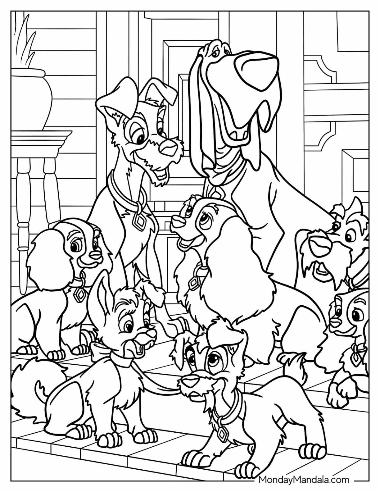 Lady And The Tramp Coloring Page Of Trusty, Jock, Scamp, Angel, And Puppies coloring page